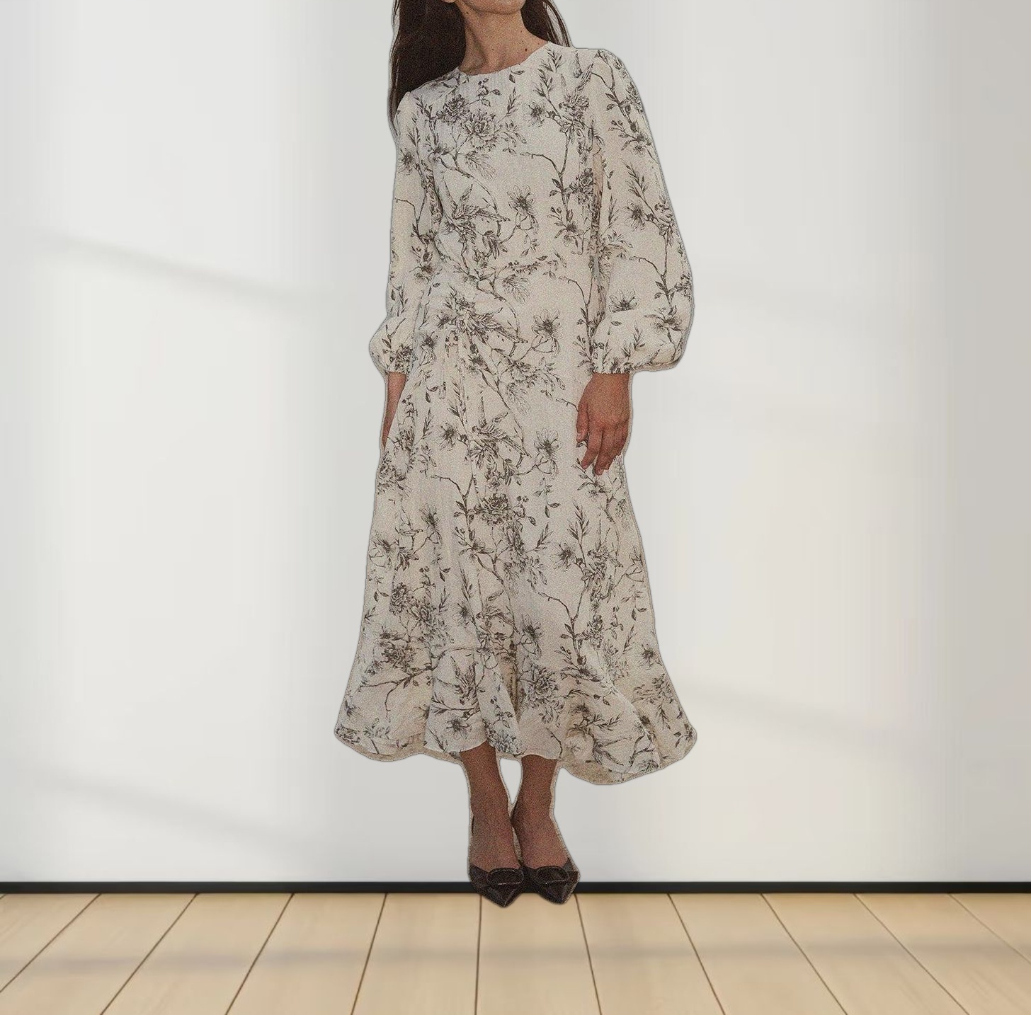 Asymmetrical Yoke Dress-Floral Branch