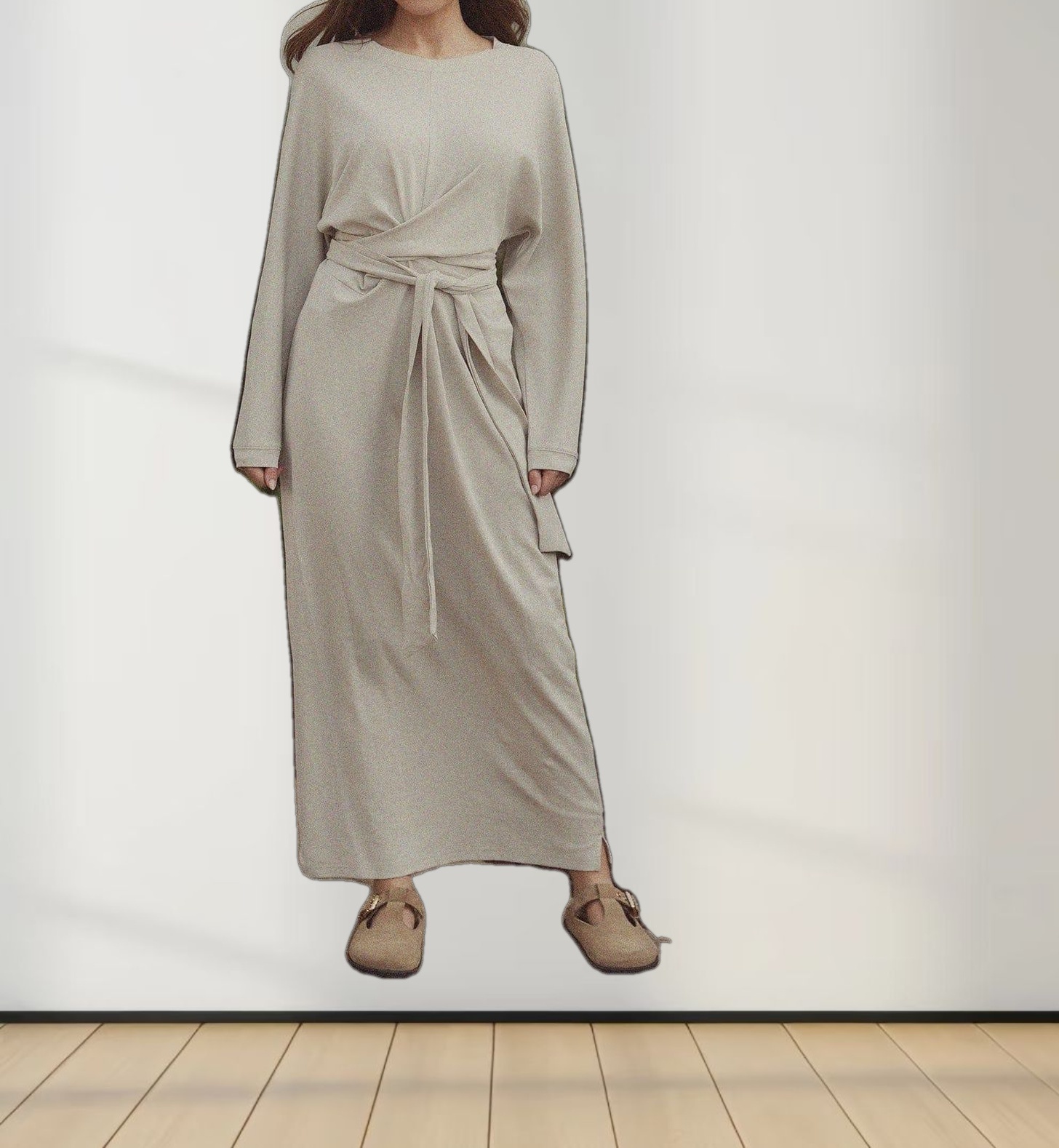 Wrap Tie T-Shirt Maxi Dress-Bone