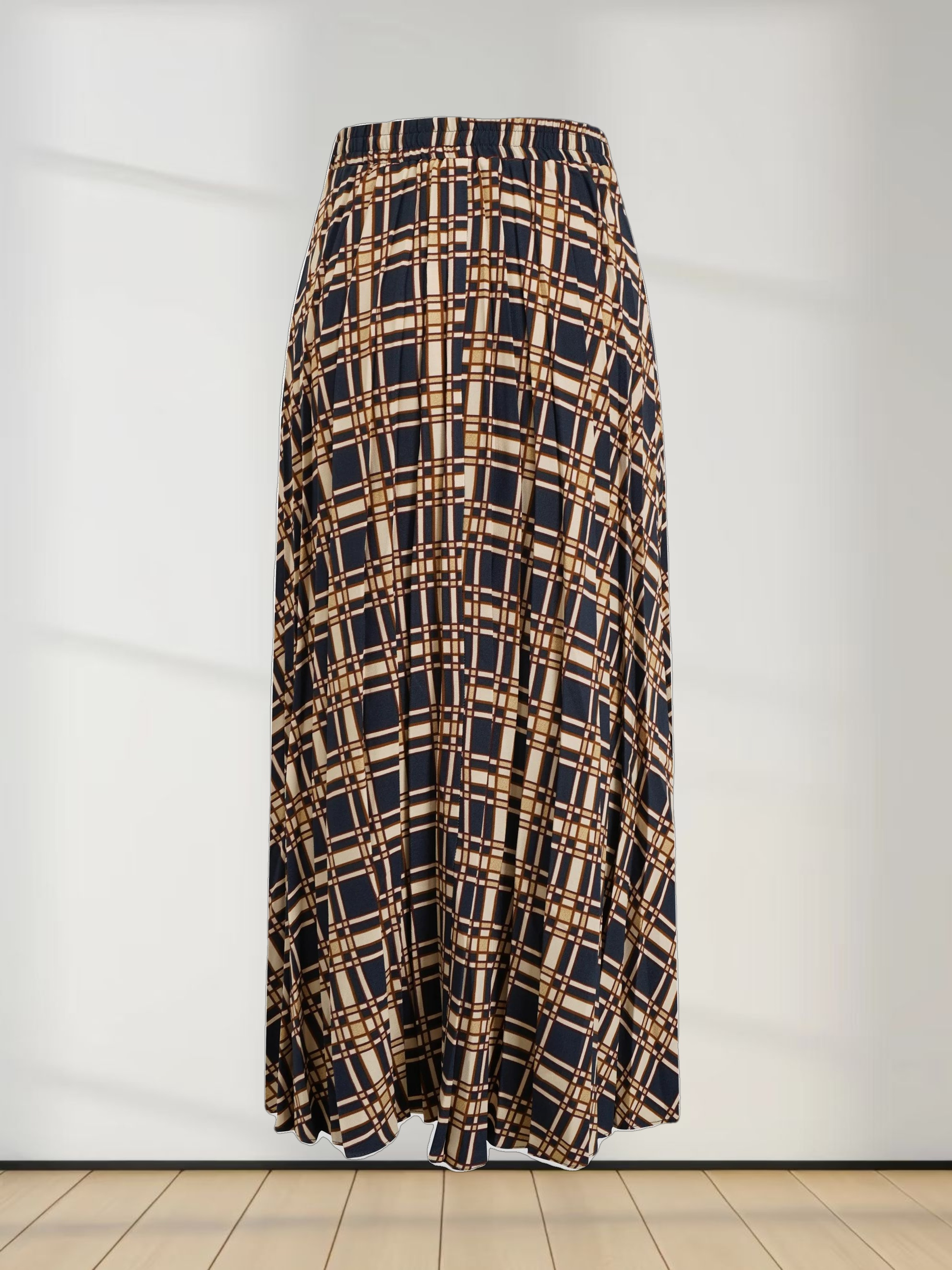 Covered Band Pleated Skirt-Navy Plaid