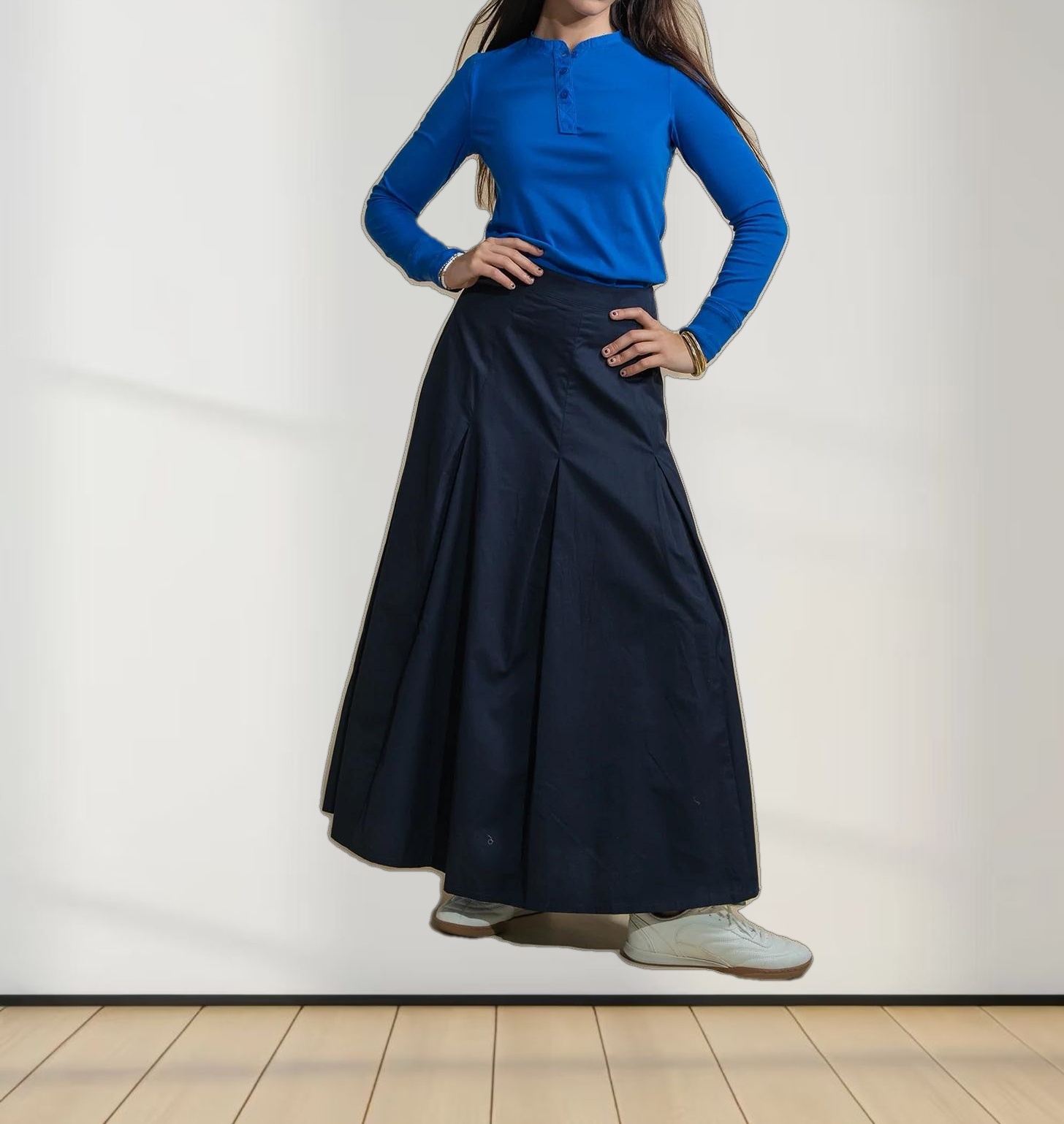 Stitch Down Cotton Pleated Skirt-Navy