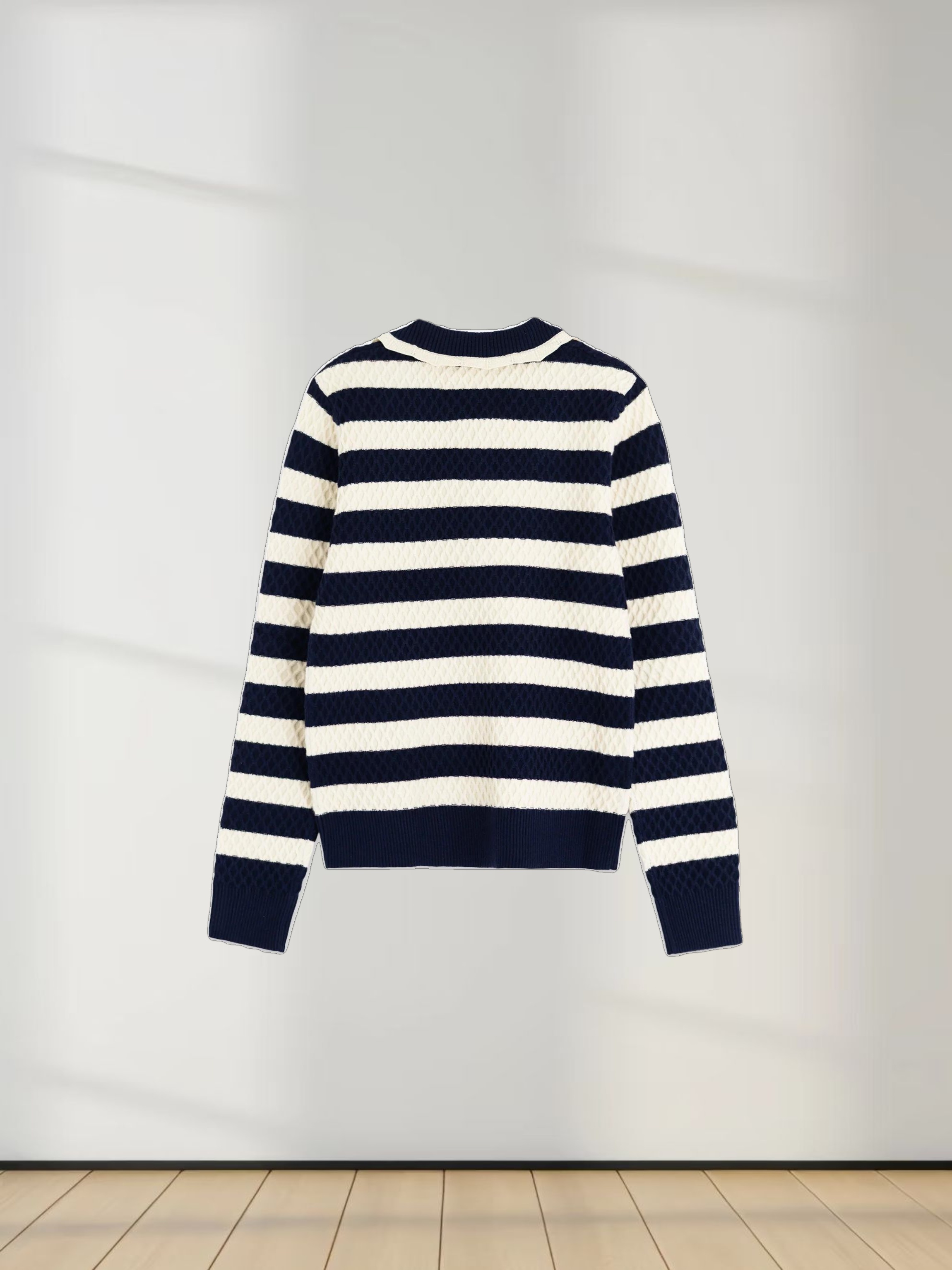 Laced Ruffle Collar Striped Sweater-Navy/Cream