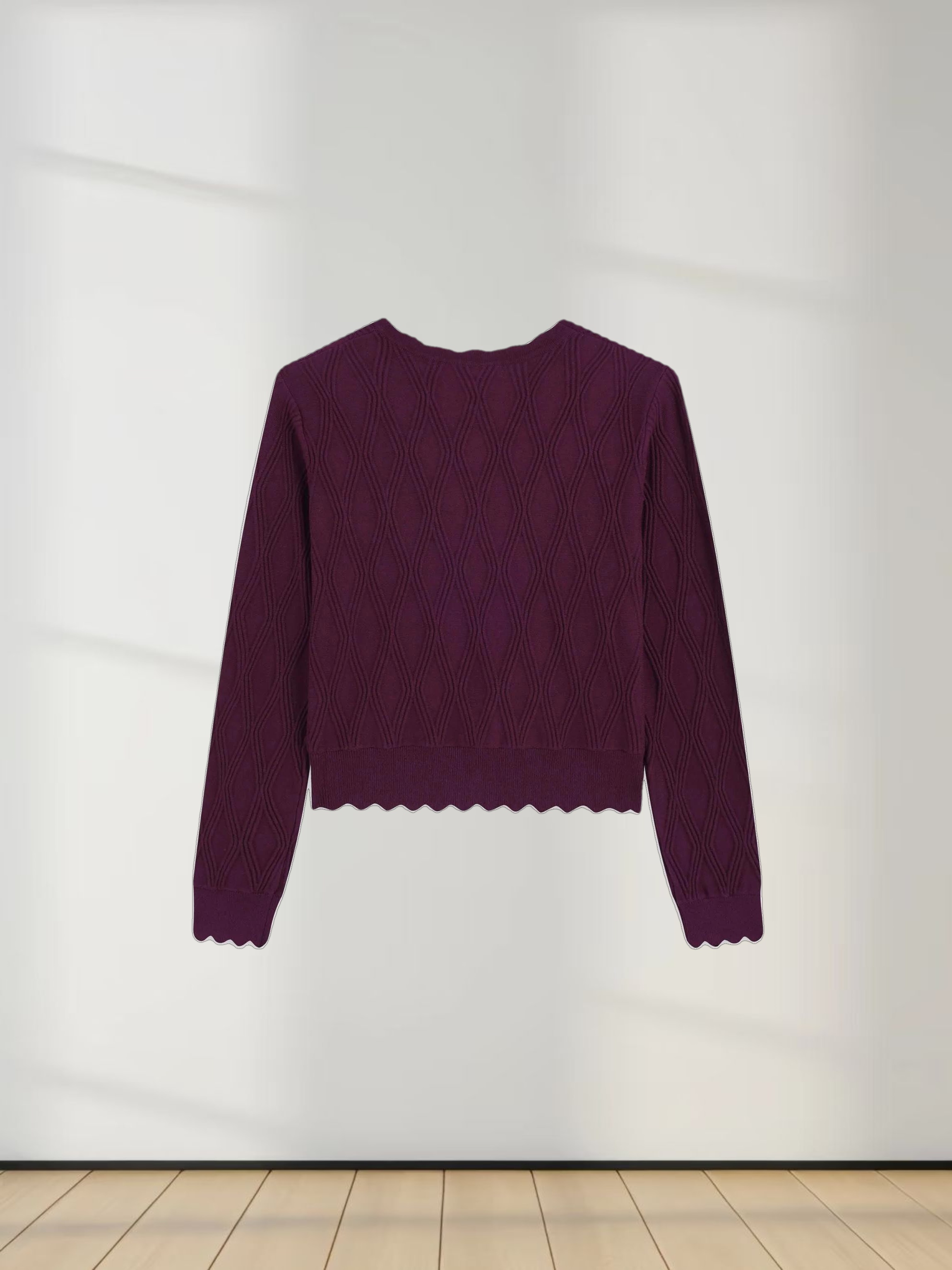 Scalloped Edge Cardigan-Wine