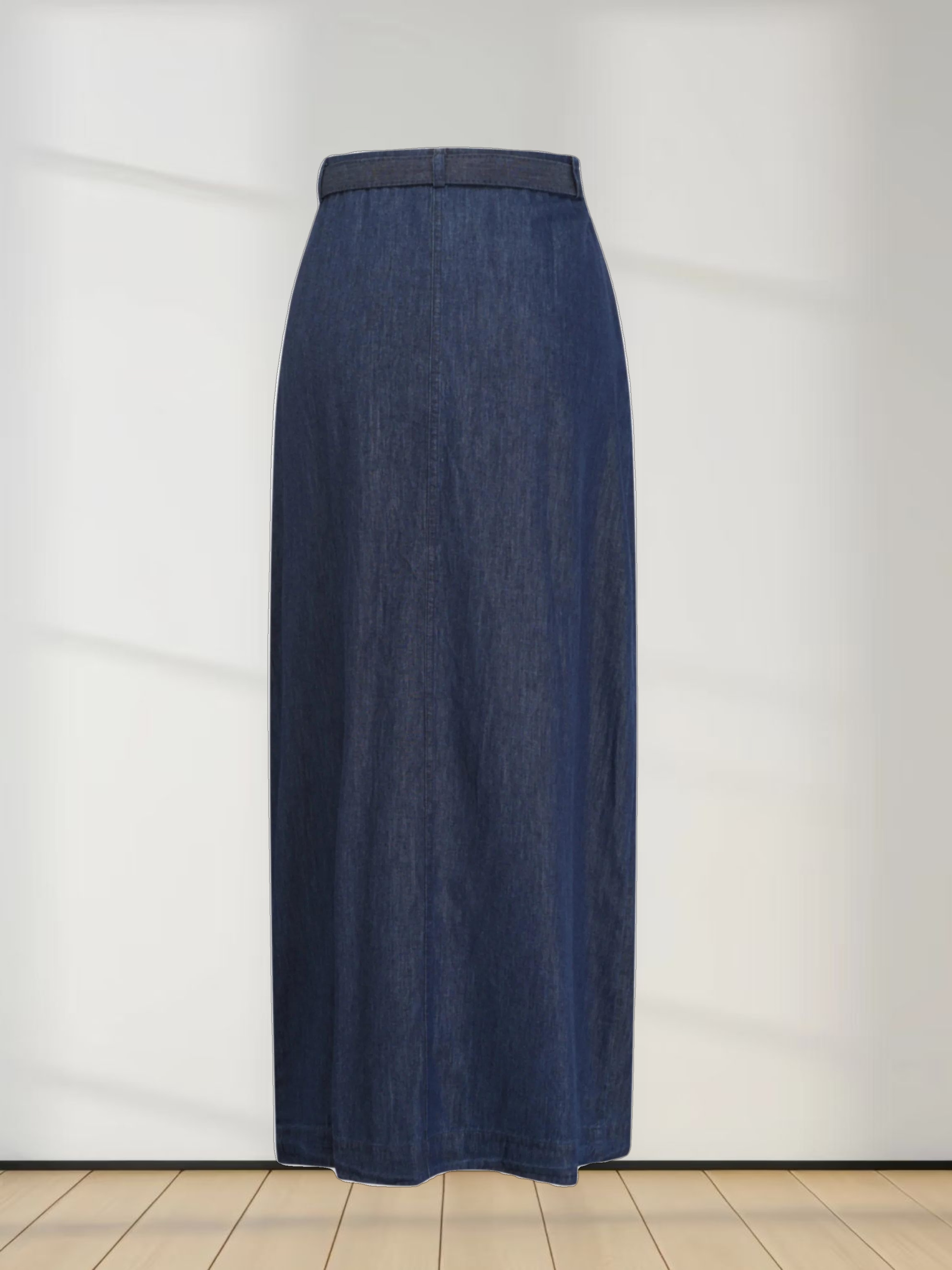 Side Inverted Pleat Denim Skirt-Dark Blue