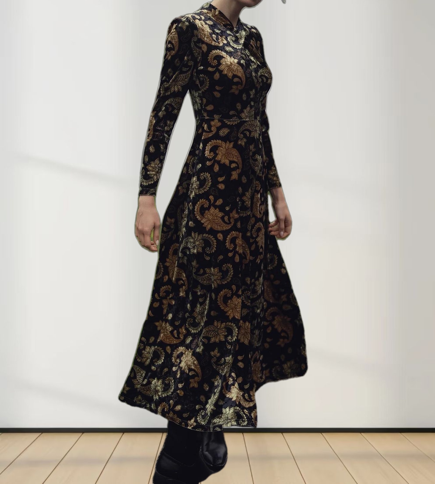 Velour Front Knot Maxi Dress-Gold Paisley