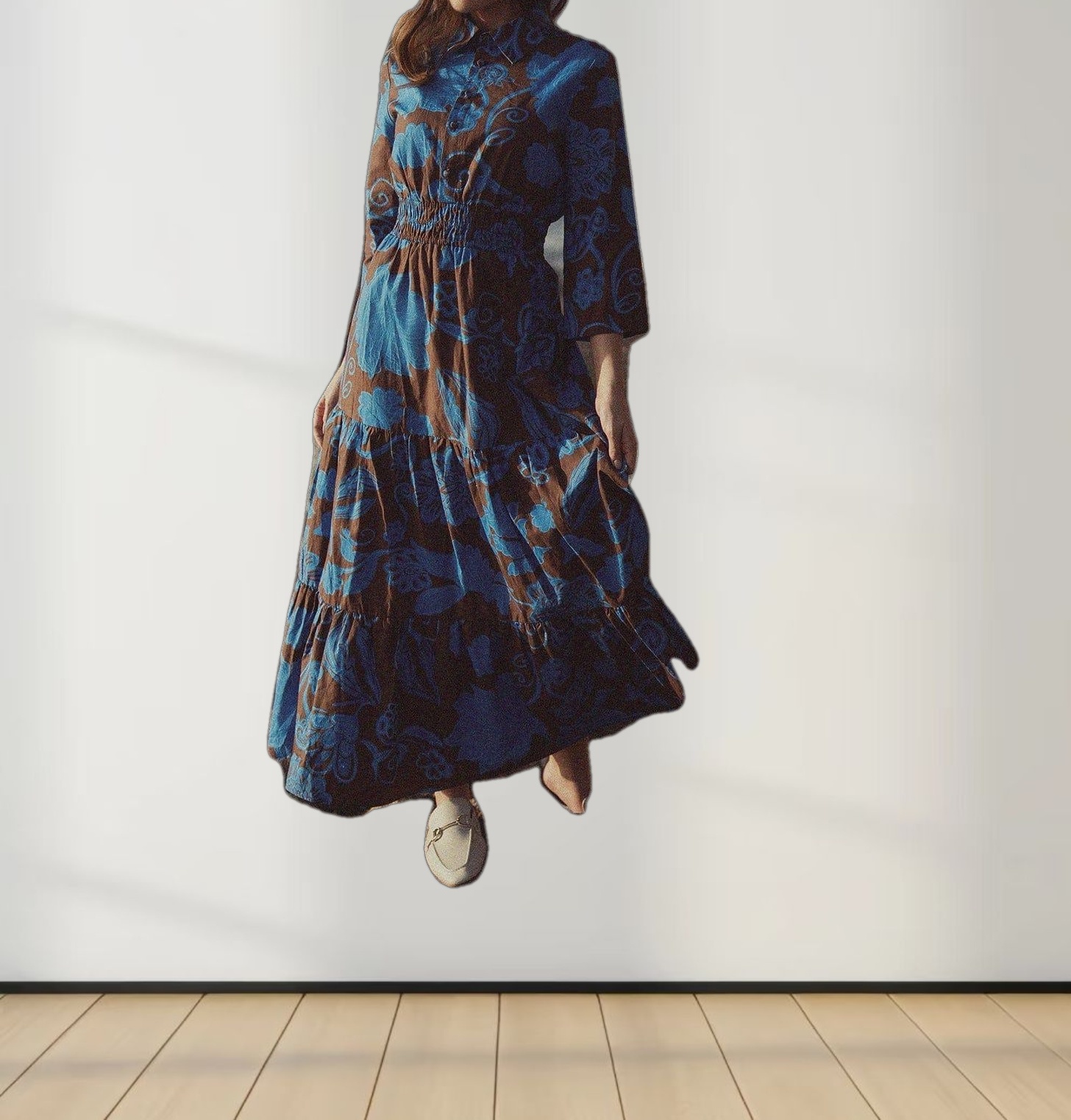 Elastic Waist Tiered Shirtdress-Brown/Blue Floral
