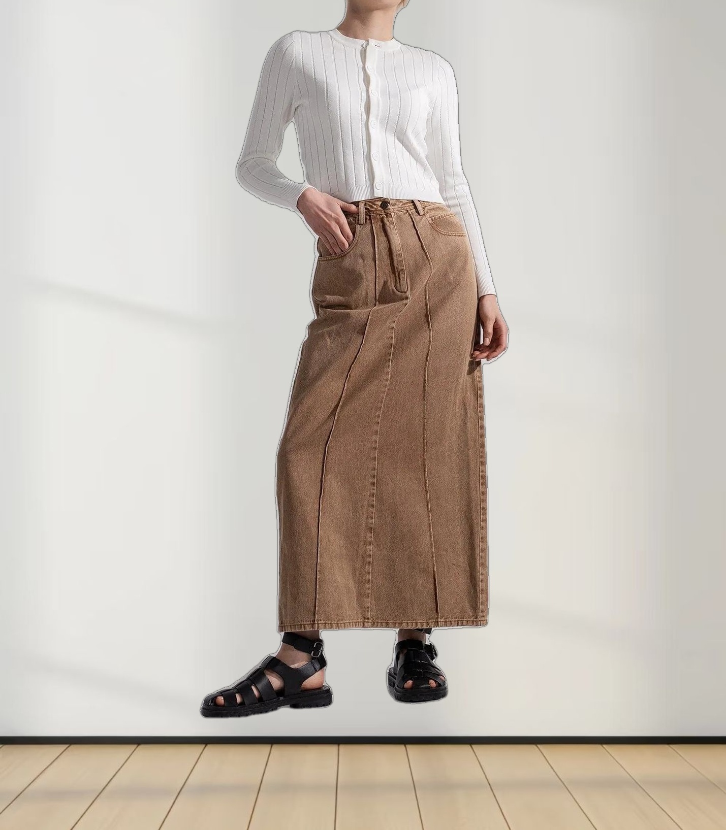 Denim Seamed Skirt-Brown
