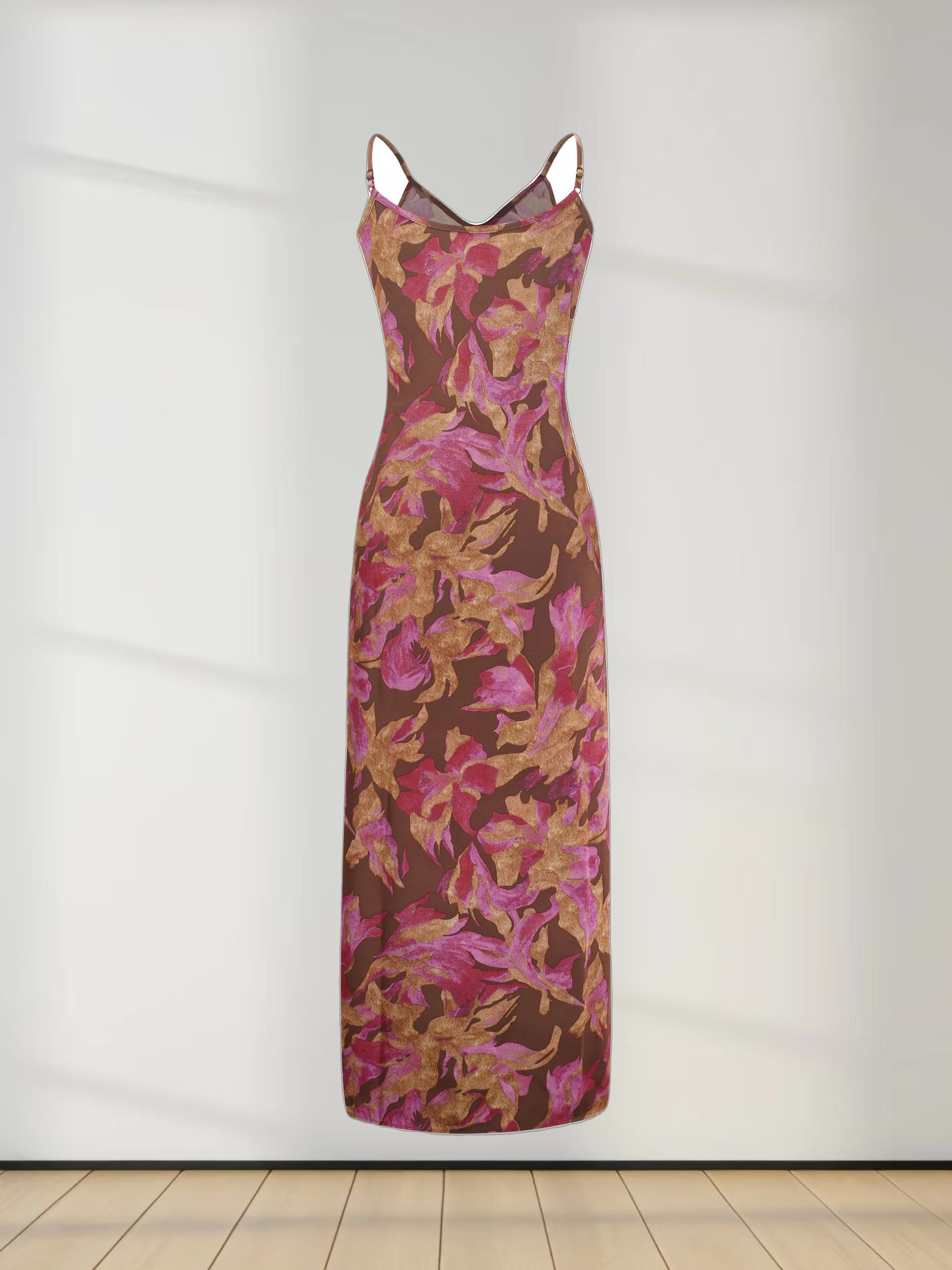 A-Line V Neck Slip Dress-Brown/Pink Floral