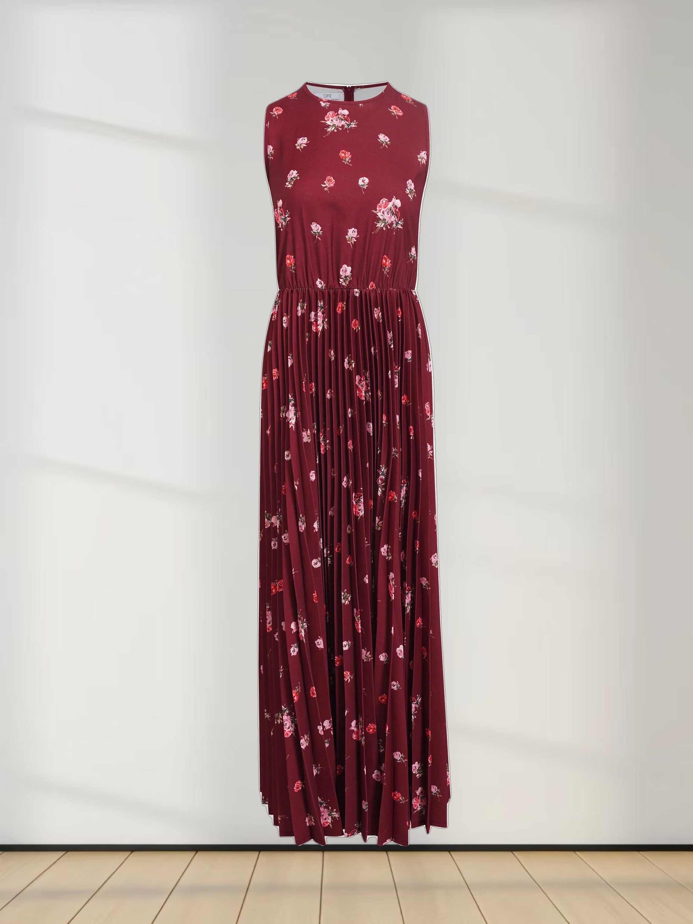 Pleated Bottom Slip Dress-Burgundy Floral