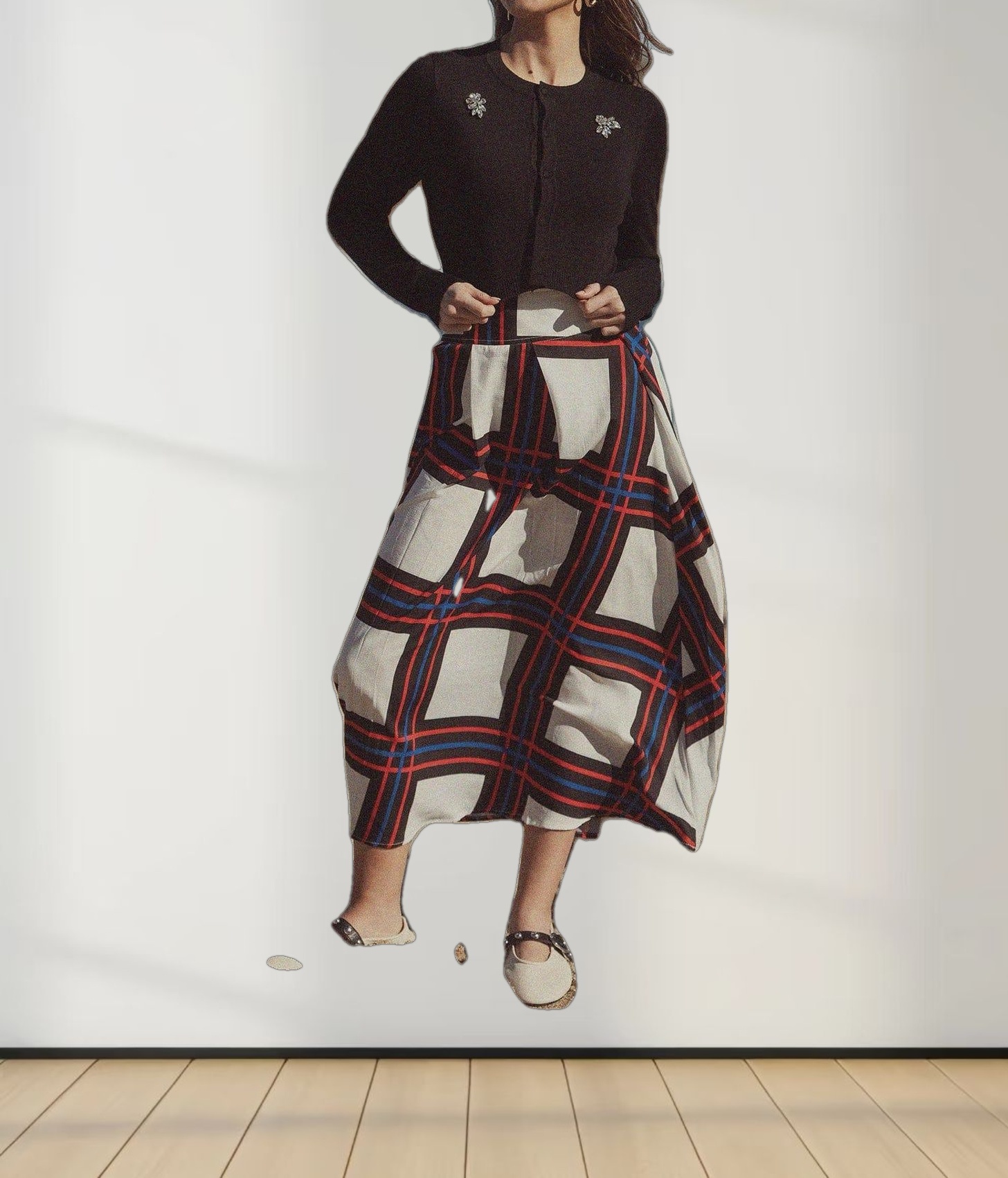 Printed Yoke Pleated Skirt-White/Blue