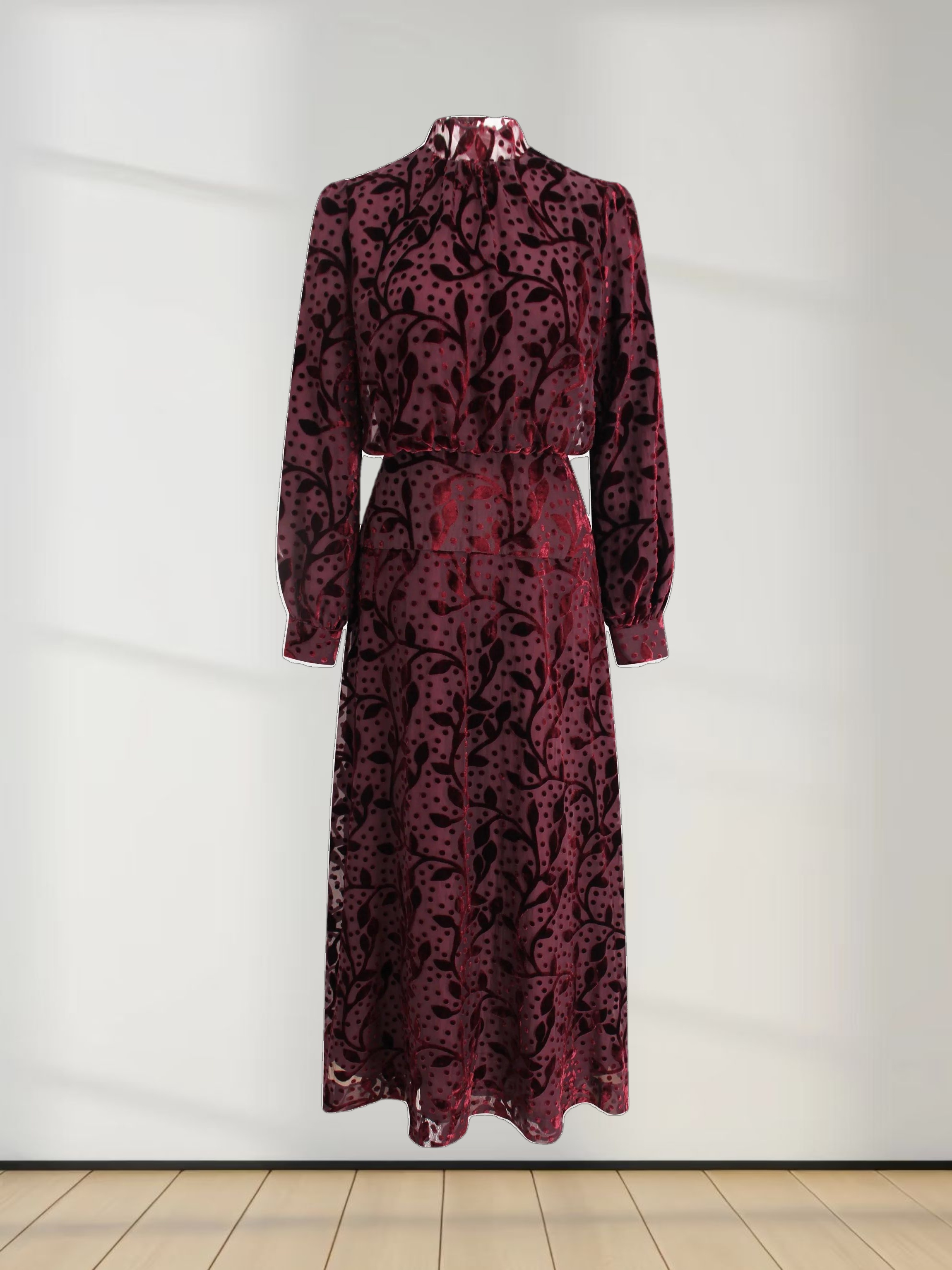 Waisted Yoke Dress-Burgundy Velvet Leaves