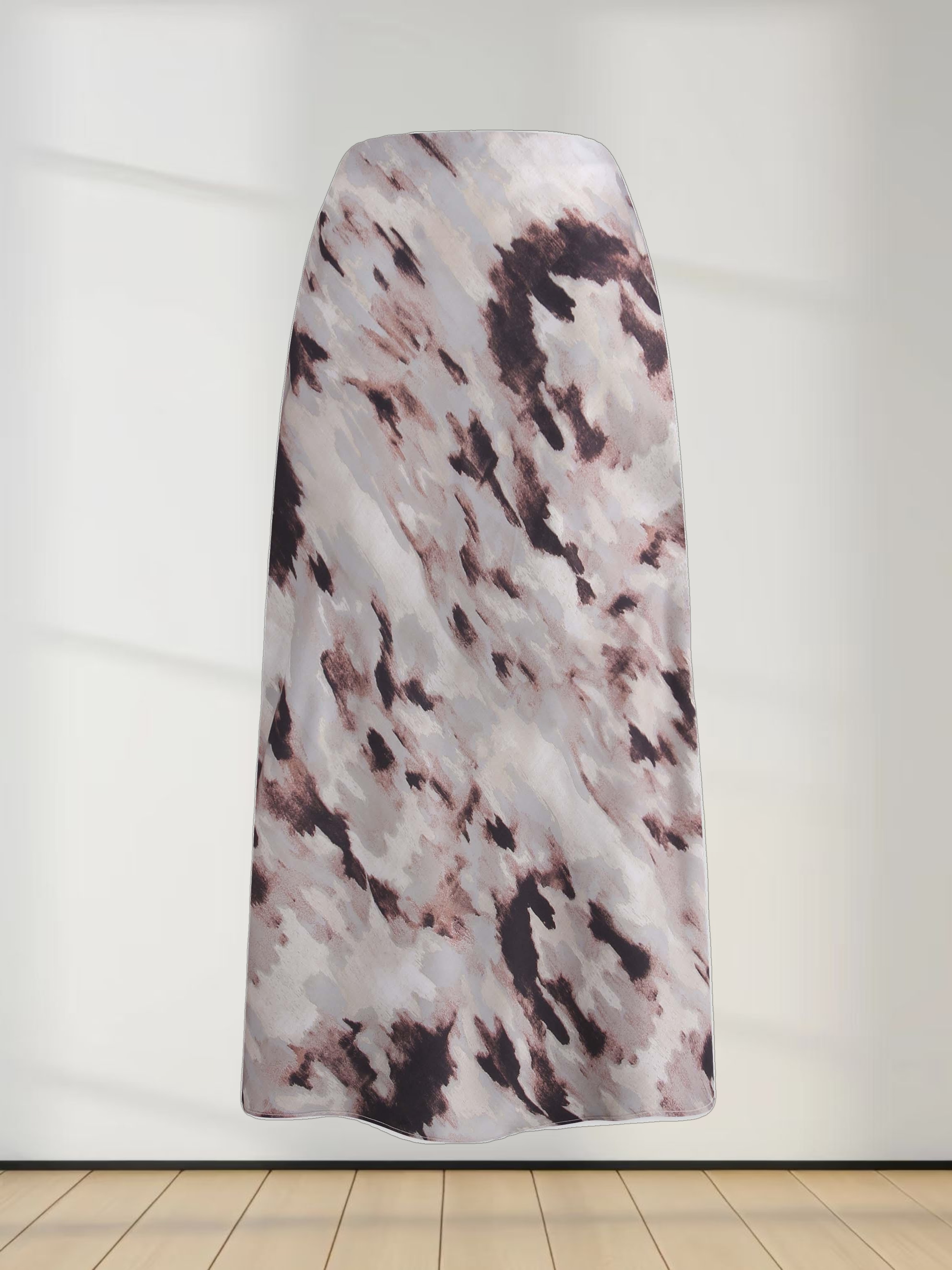 Printed Satin Slip Skirt-Brown Brushstrokes