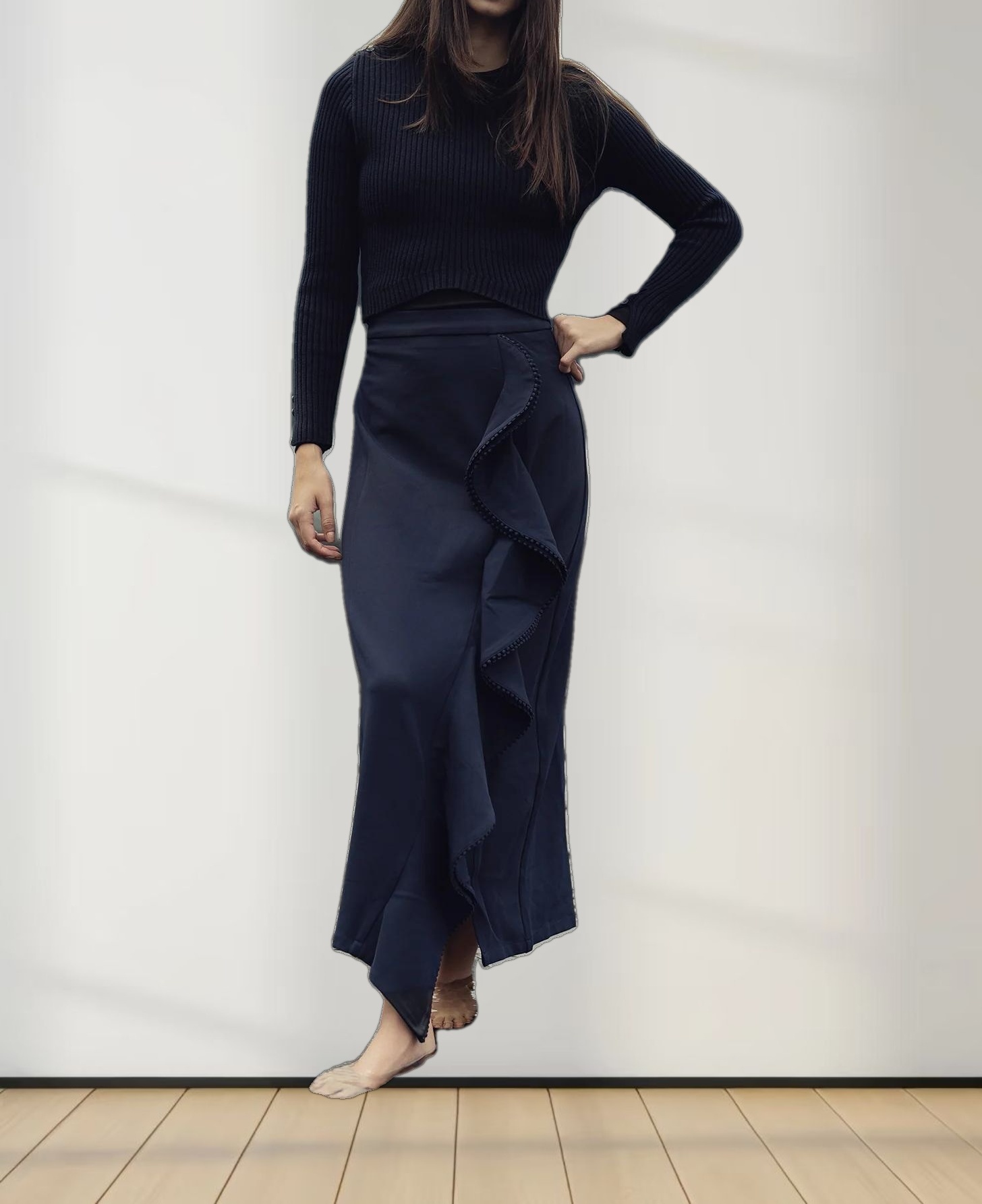 V Bottom Crop Sweater-Navy