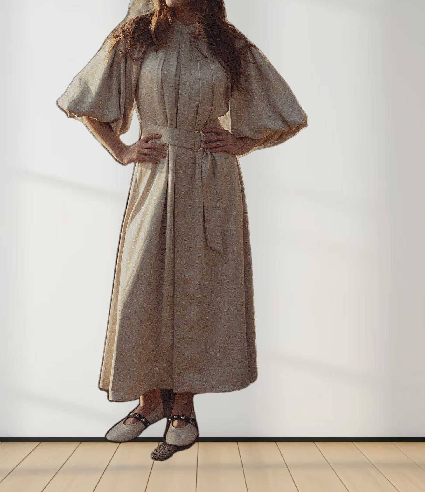 Pleat Neck Belted Dress-Ecru