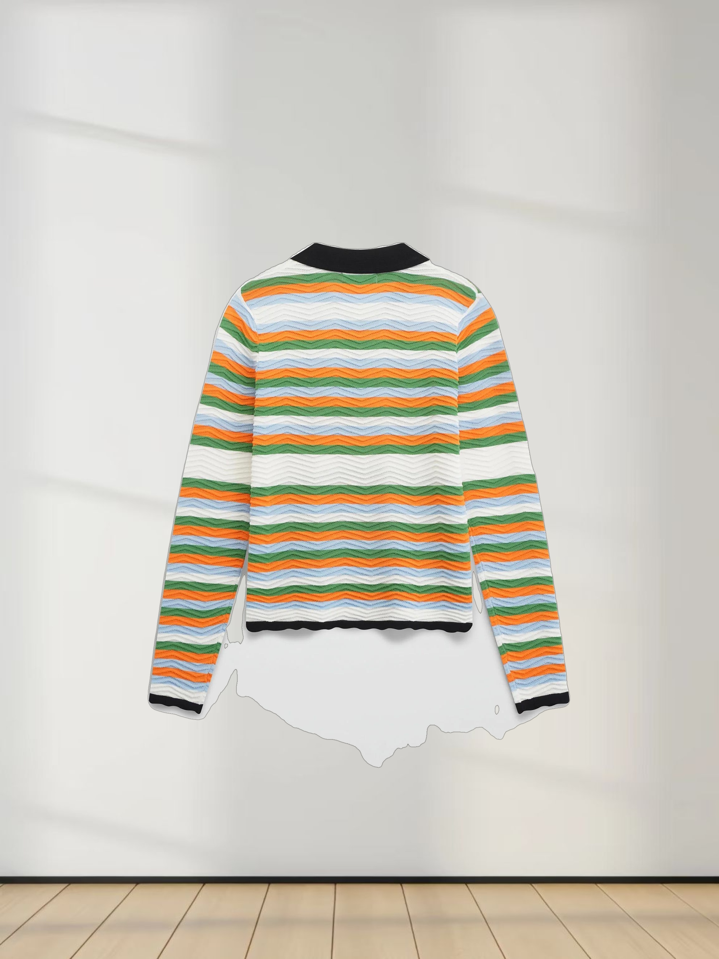 Scallop Edge Collar Sweater-Blue/Orange Stripes