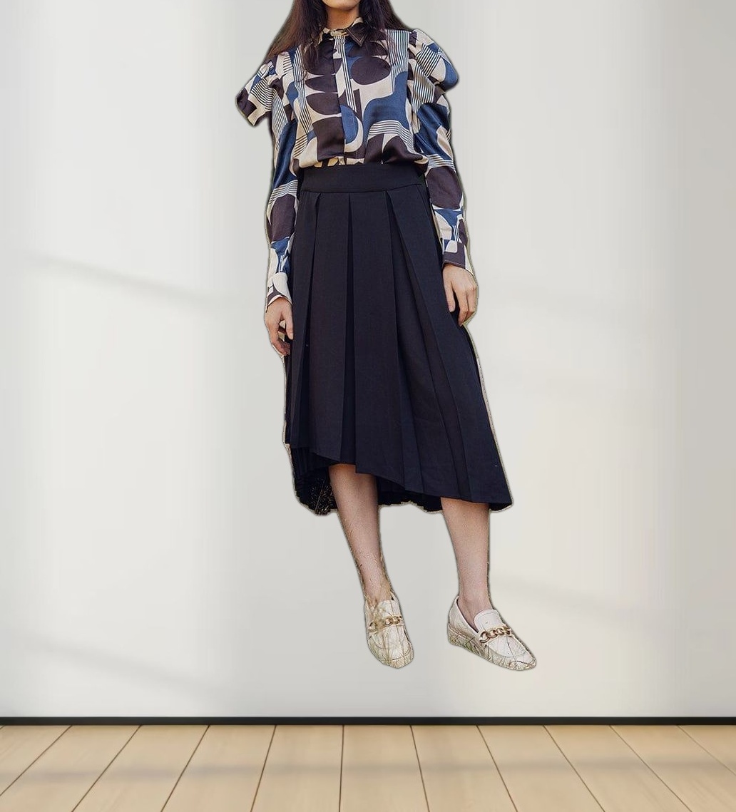 Crossover Mix Pleat Skirt-Black