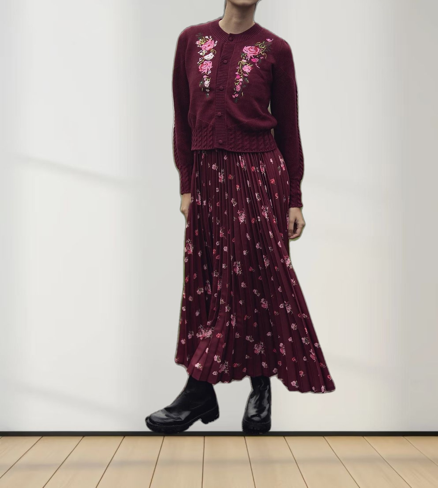 Embroidered Cardigan-Burgundy Floral