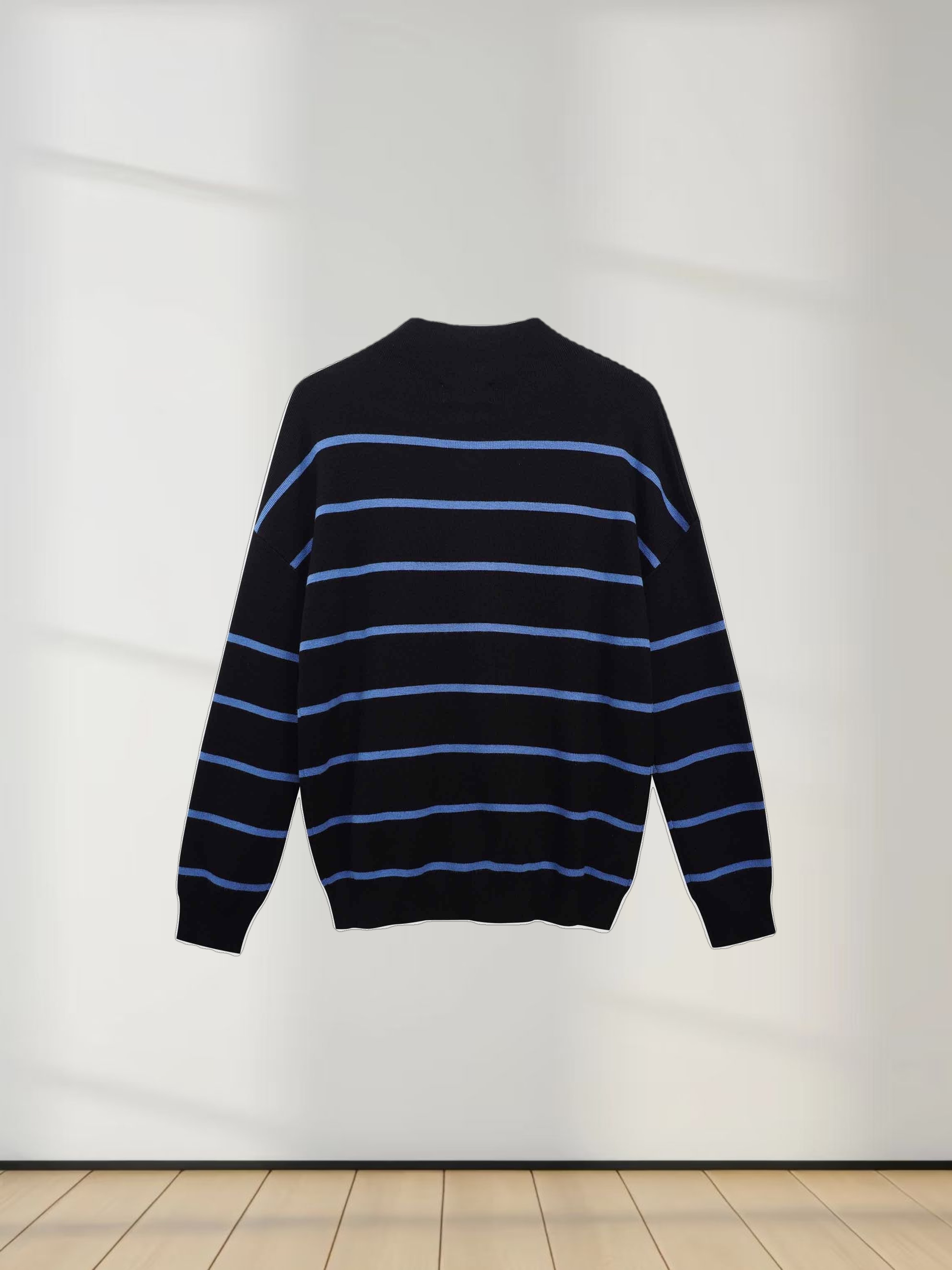 Mock Neck Thin Knit Sweater-Black/Light Blue