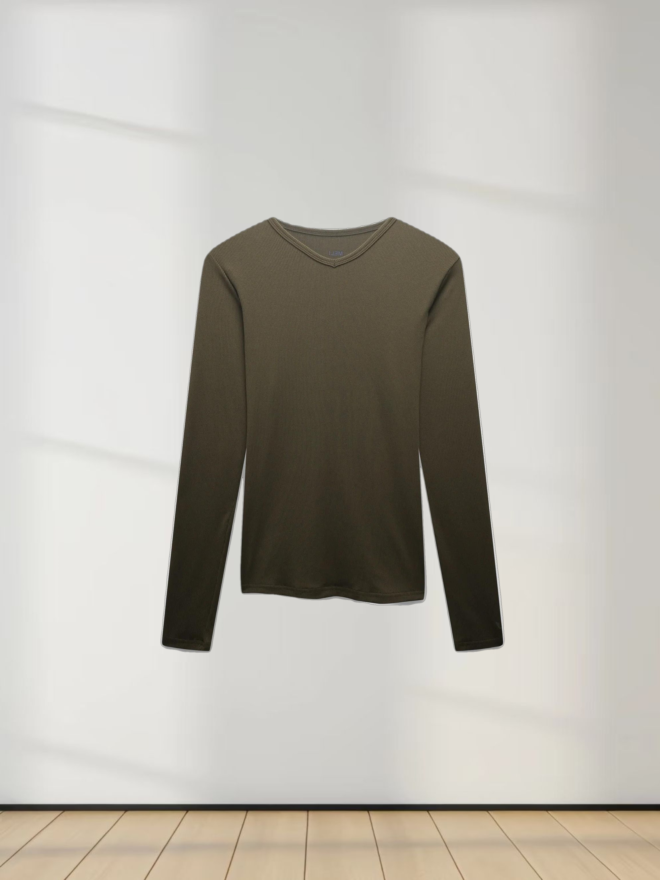 RIBBED HIGH V TEE LS-CHOCOLATE BROWN