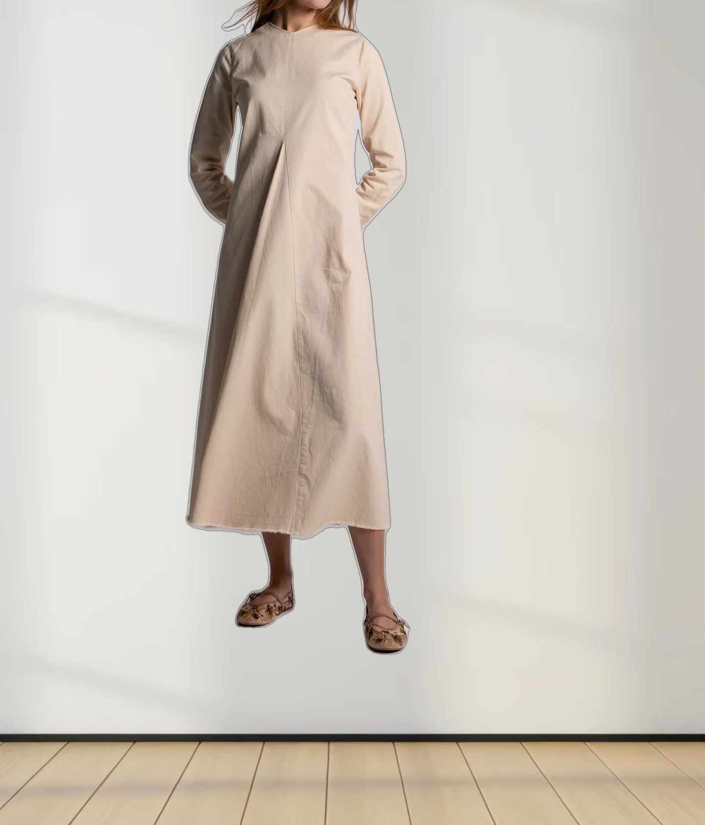 V-Neck Swing Dress-Tan