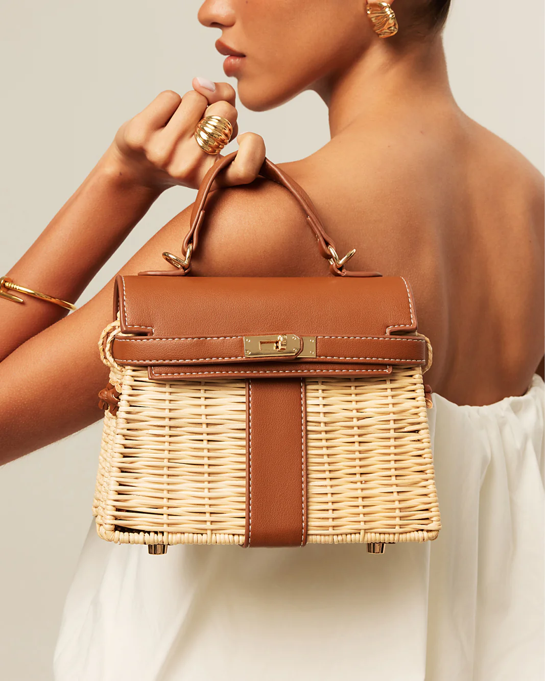HARIETTE RATTAN HANDLE BAG - RATTAN-TAN