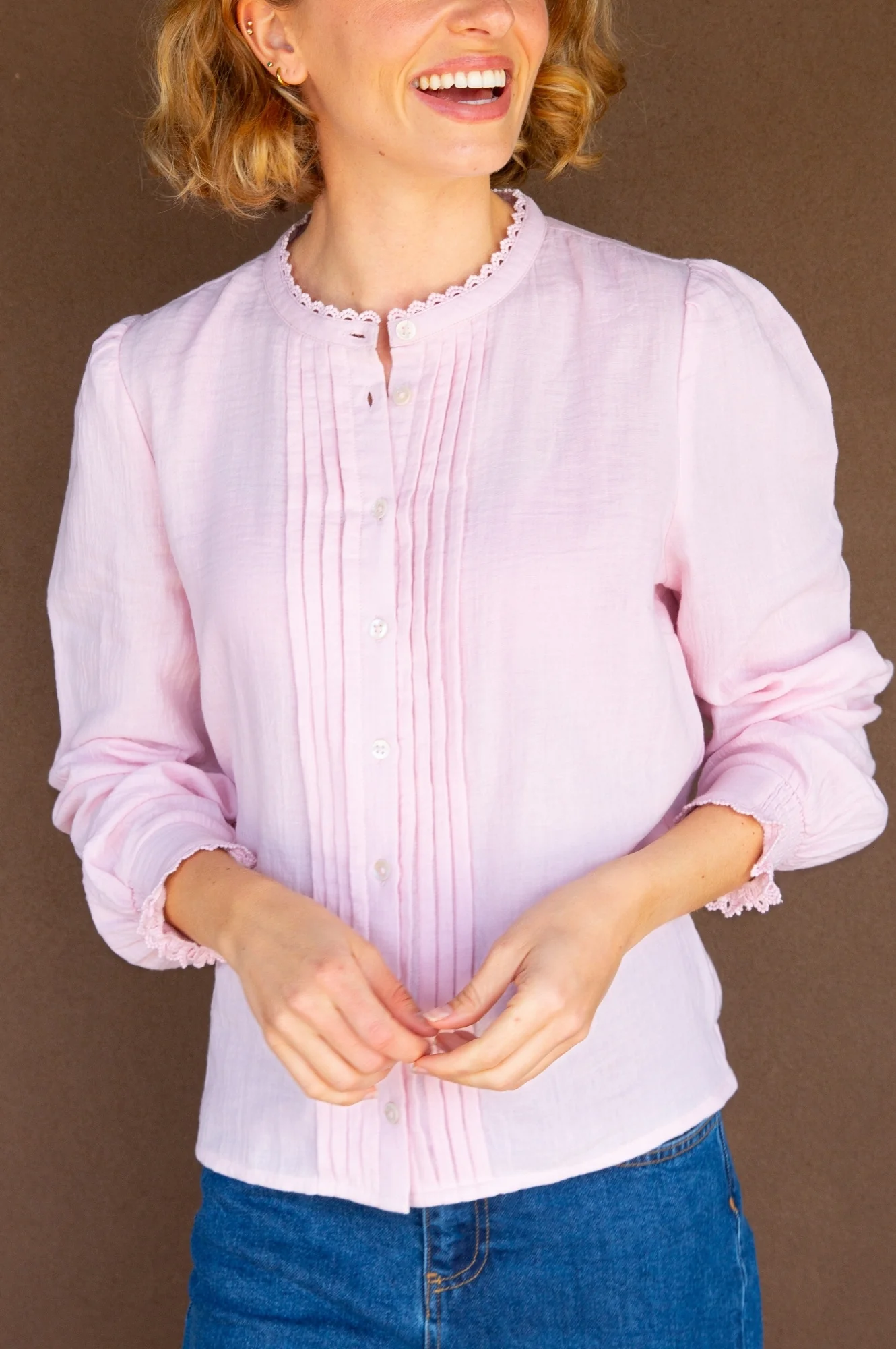 Holly Pin Tuck Organic Cotton Cheesecloth Long Sleeve Blouse | Blush Pink