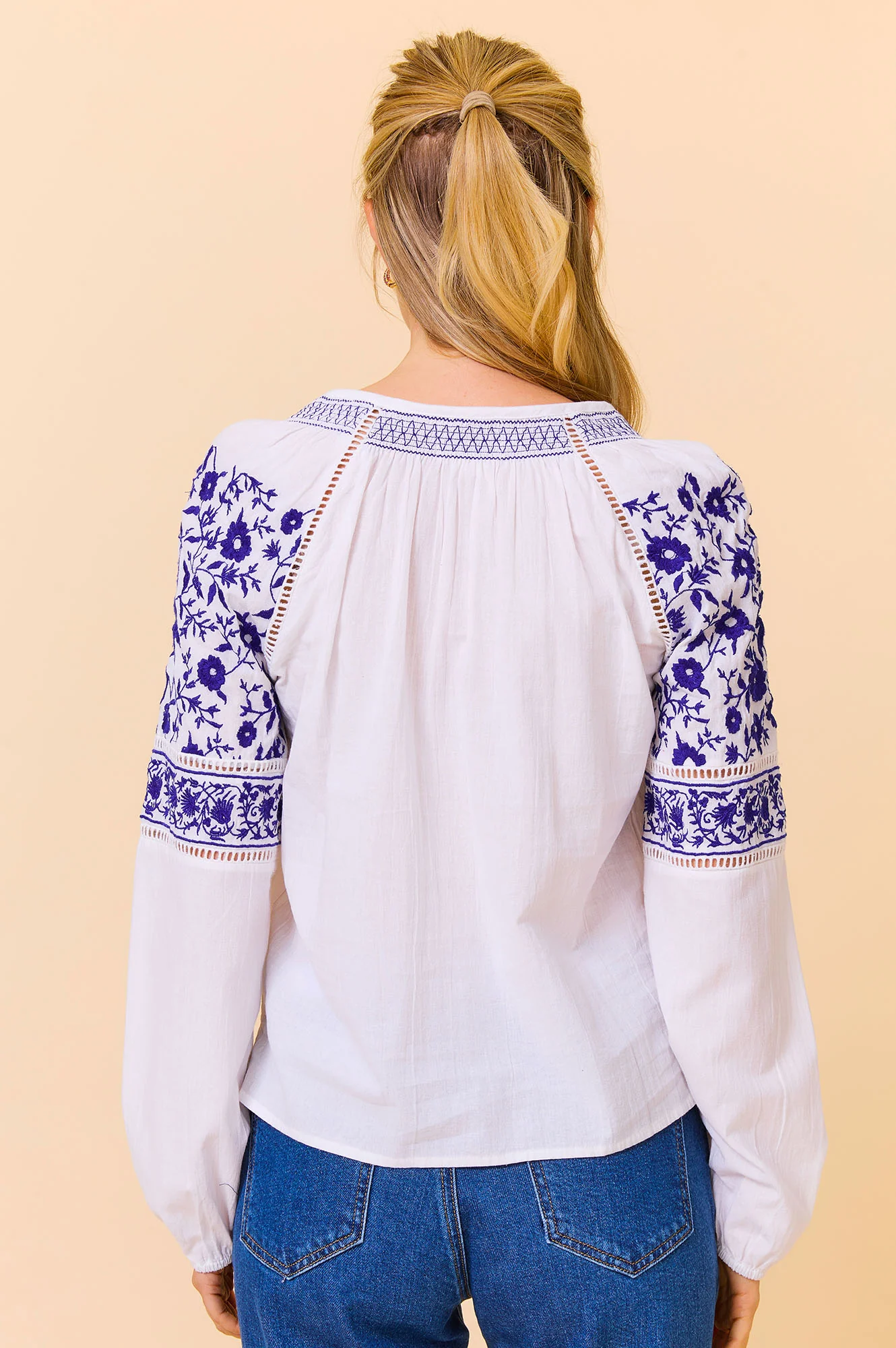 Ida Embroidered Cotton Top | White/Cobalt