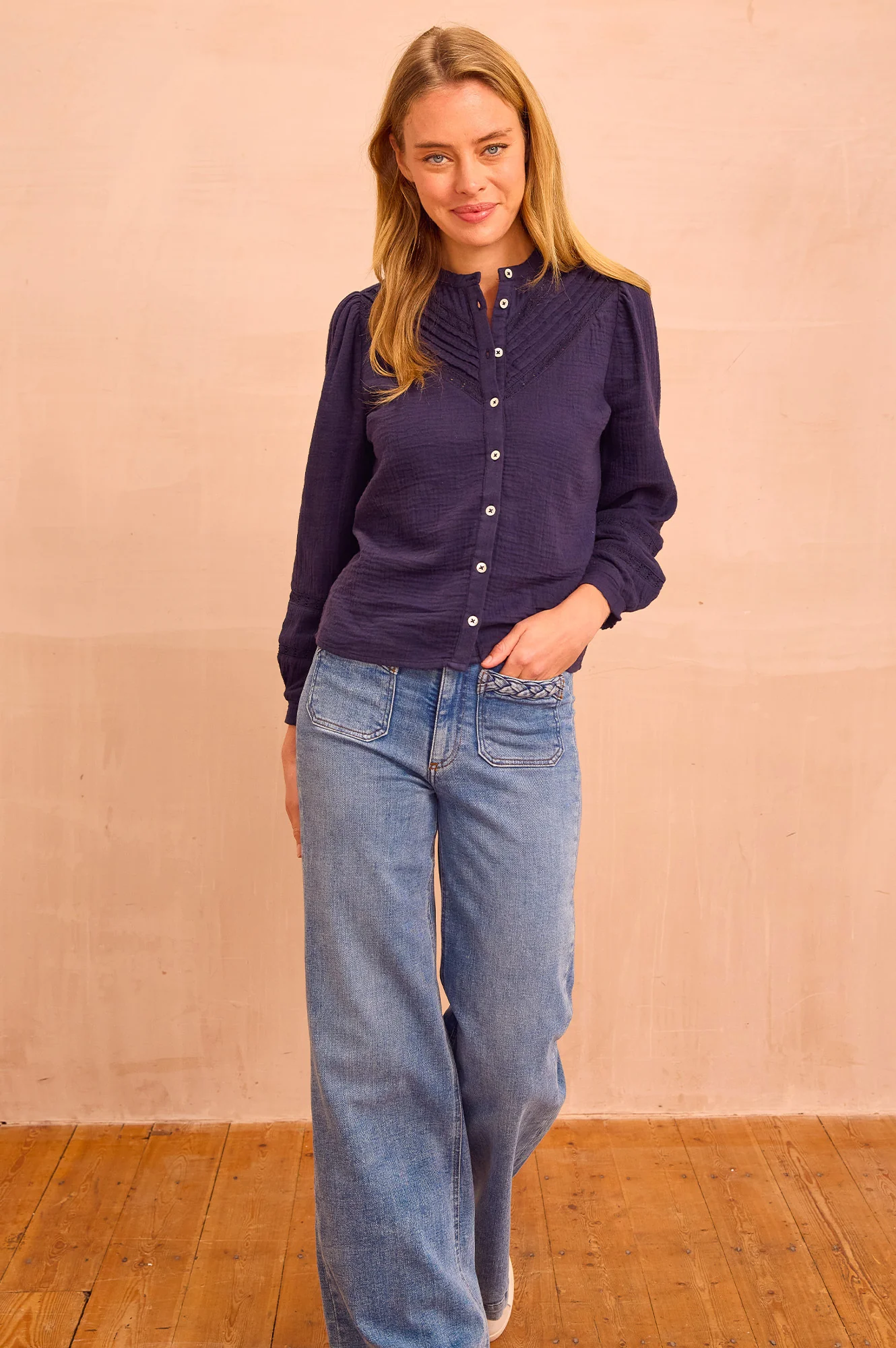 Chevron Lace Organic Cotton Cheesecloth Shirt | Navy