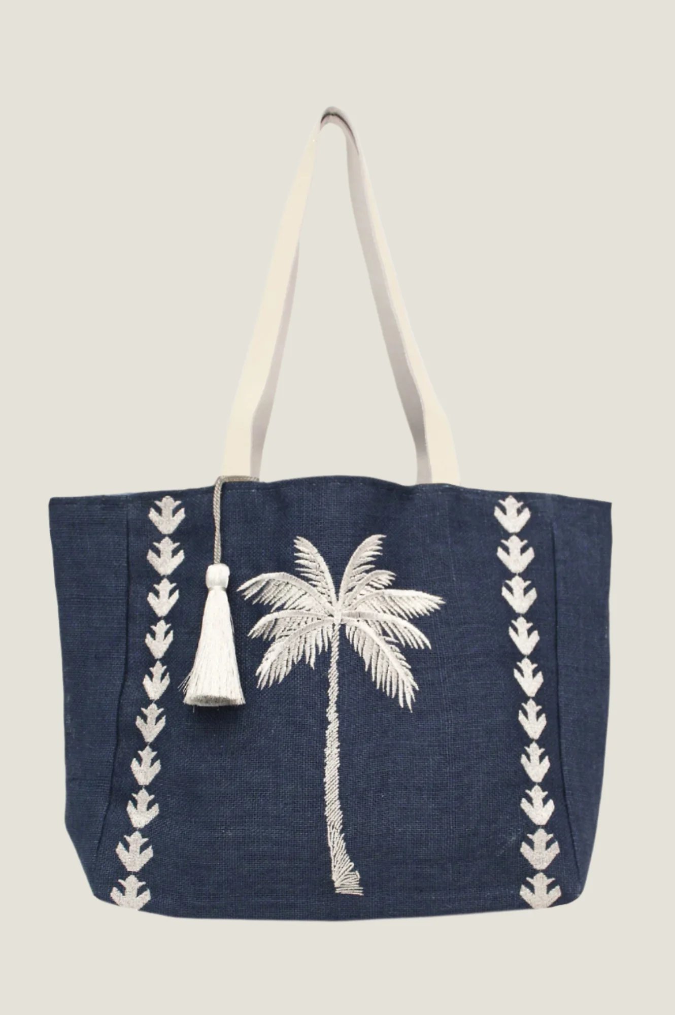 Palm Tree Jute Beach Bag | Navy/Silver