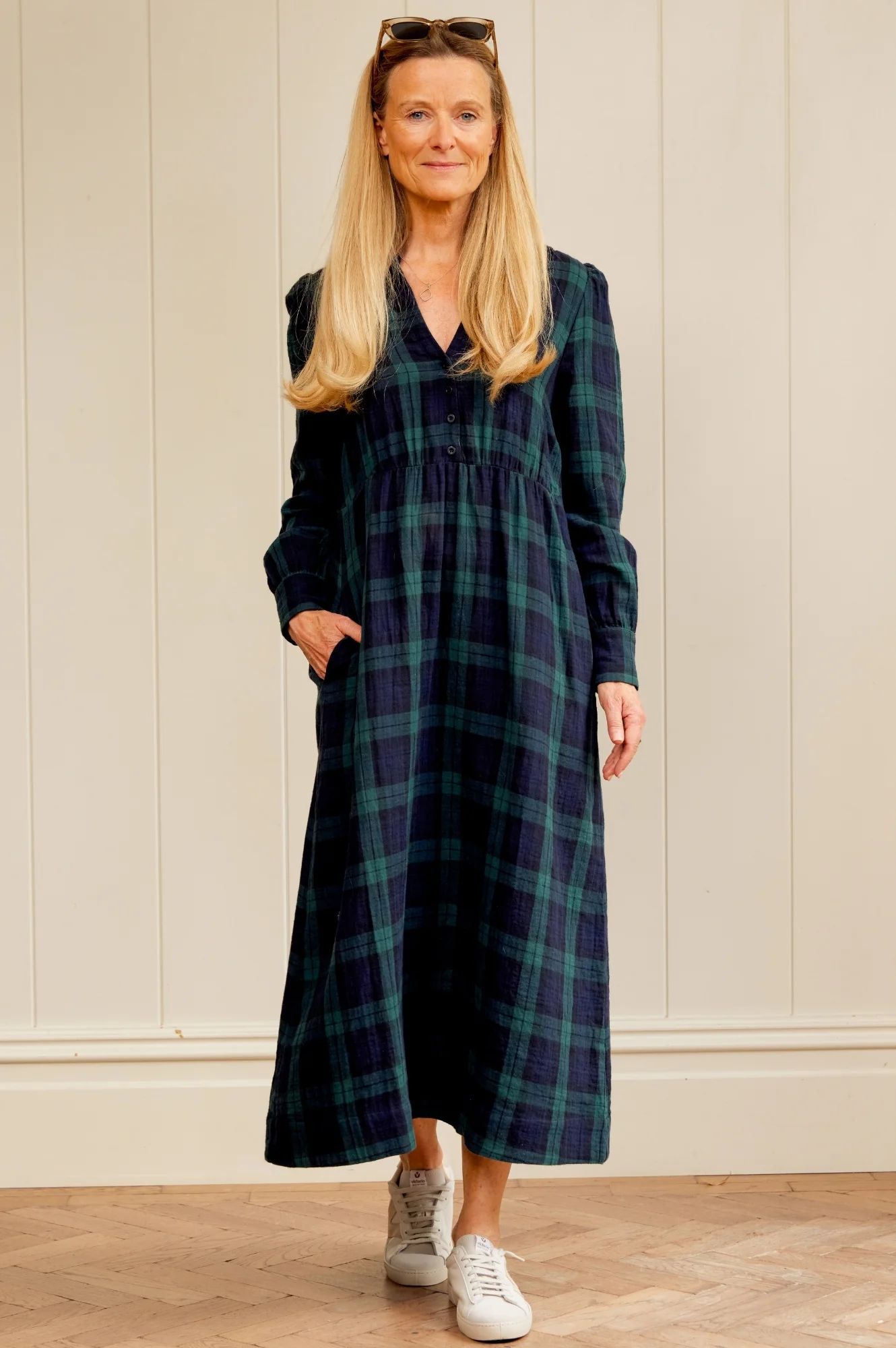 Harper Checked Double Cloth Organic Cotton Dress | Navy/Green