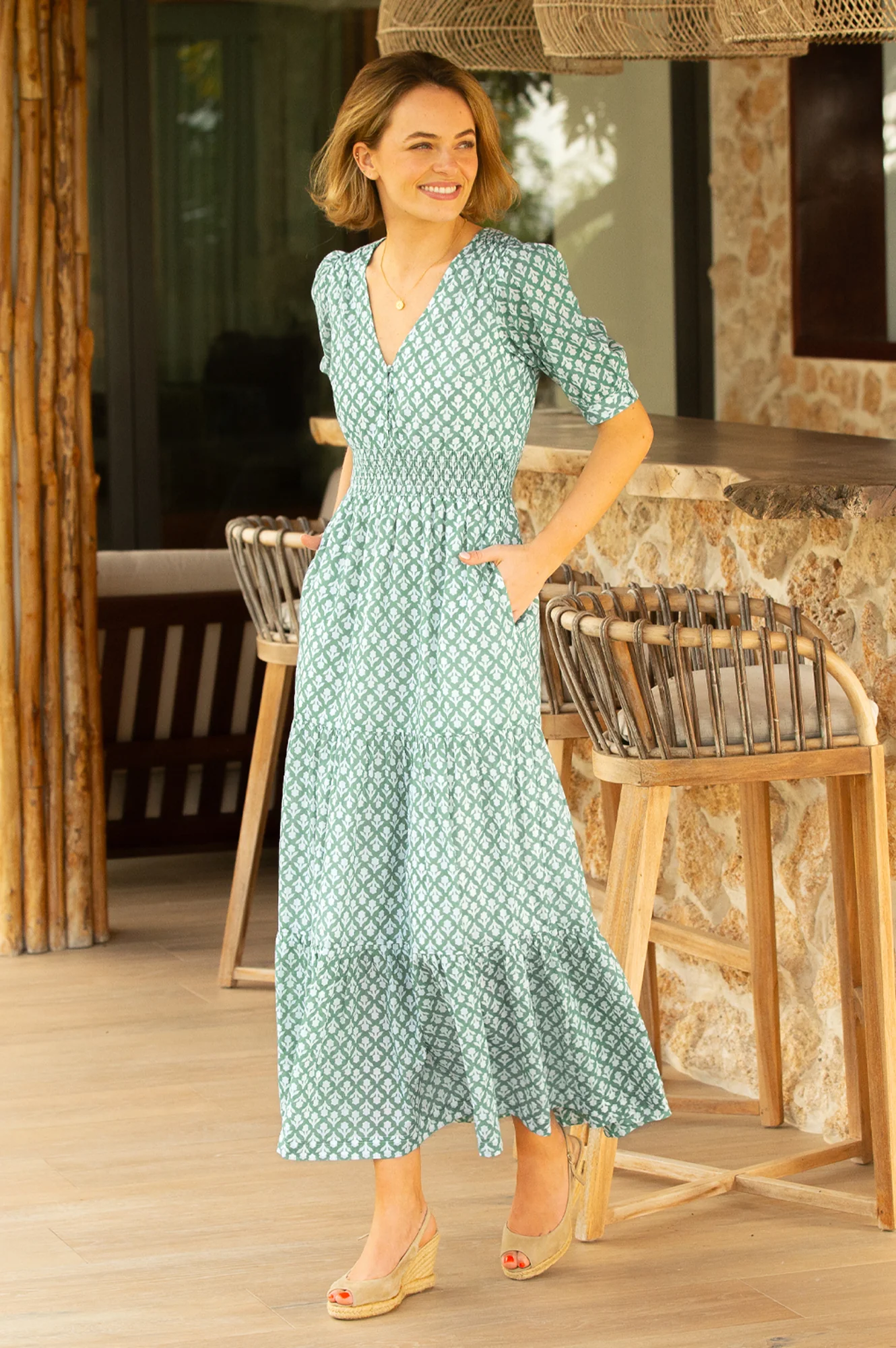 Billie Short Sleeve Organic Cotton Dress | Flower Stamp Sage/White