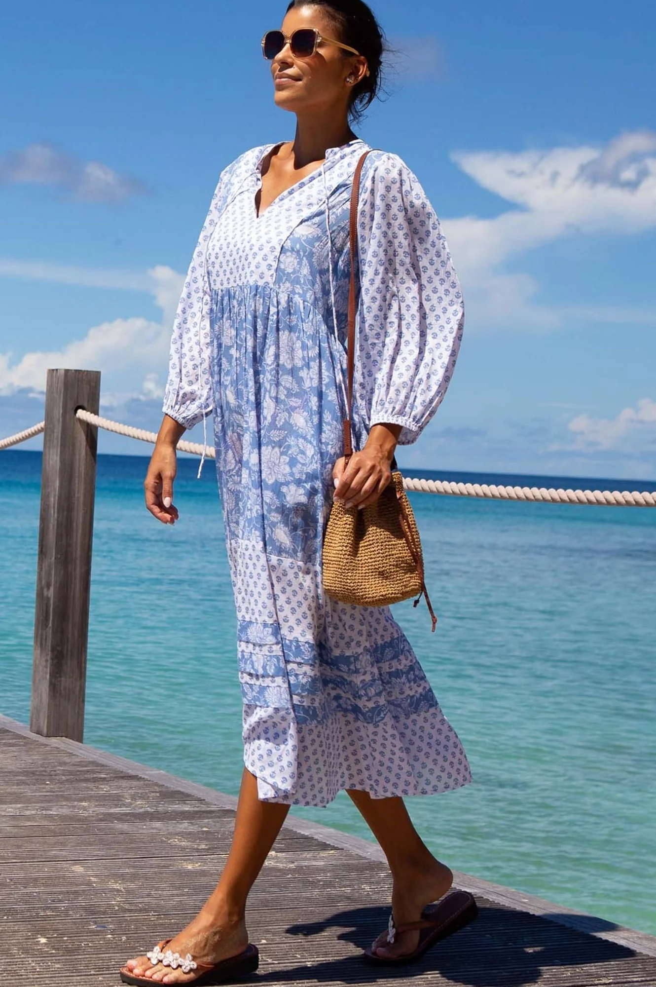 Martha Organic Cotton Print Mix Dress | Blossom Print Blue/White