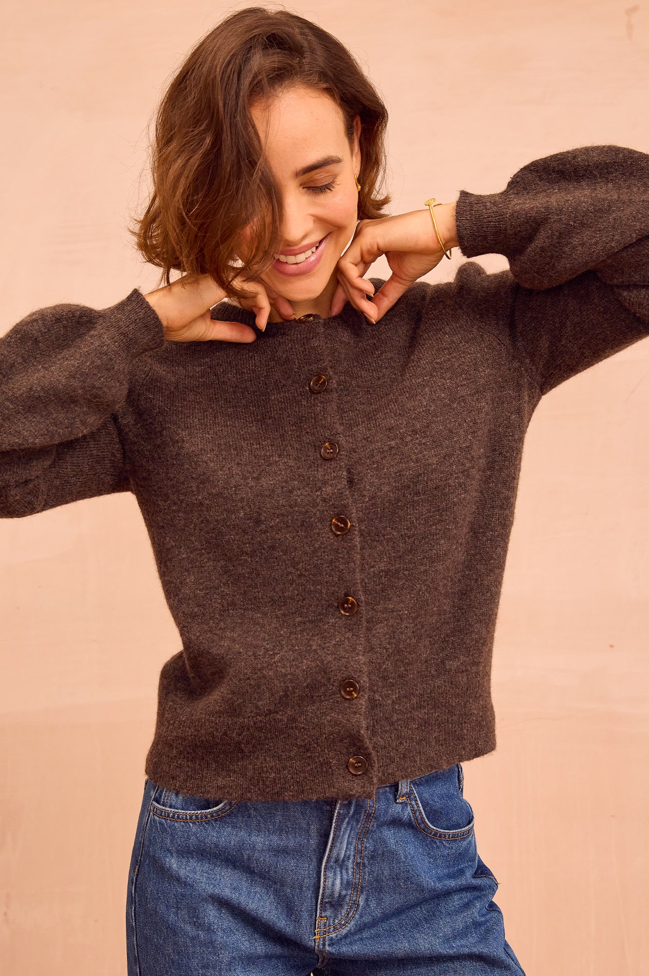 Alpaca Blend Puff Sleeve Cardigan | Chocolate