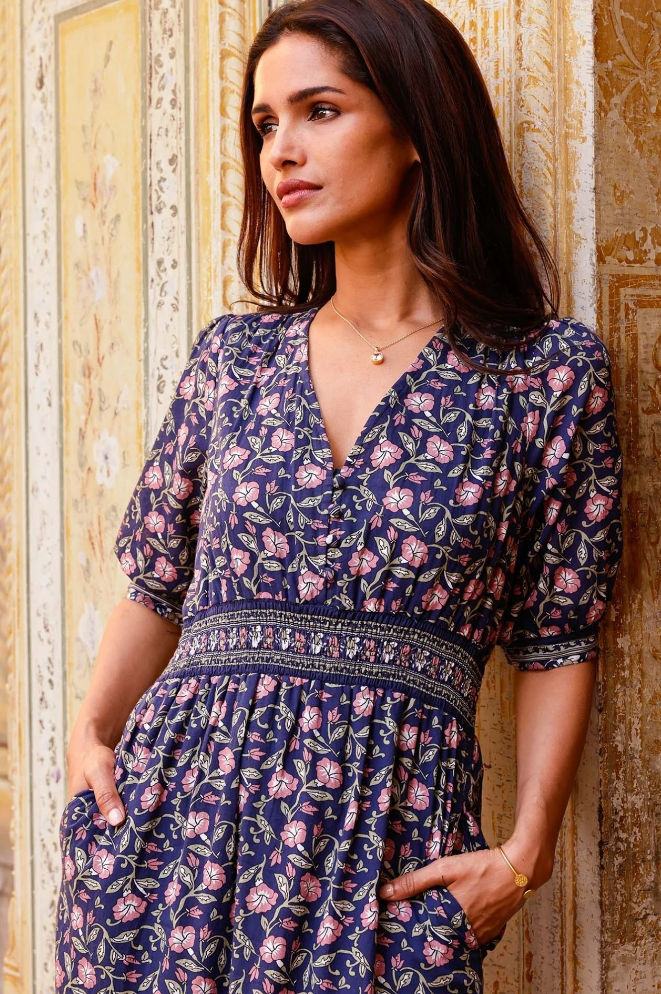 Billie Short Sleeve Organic Cotton Dress | Primrose Stamp Navy/Pink