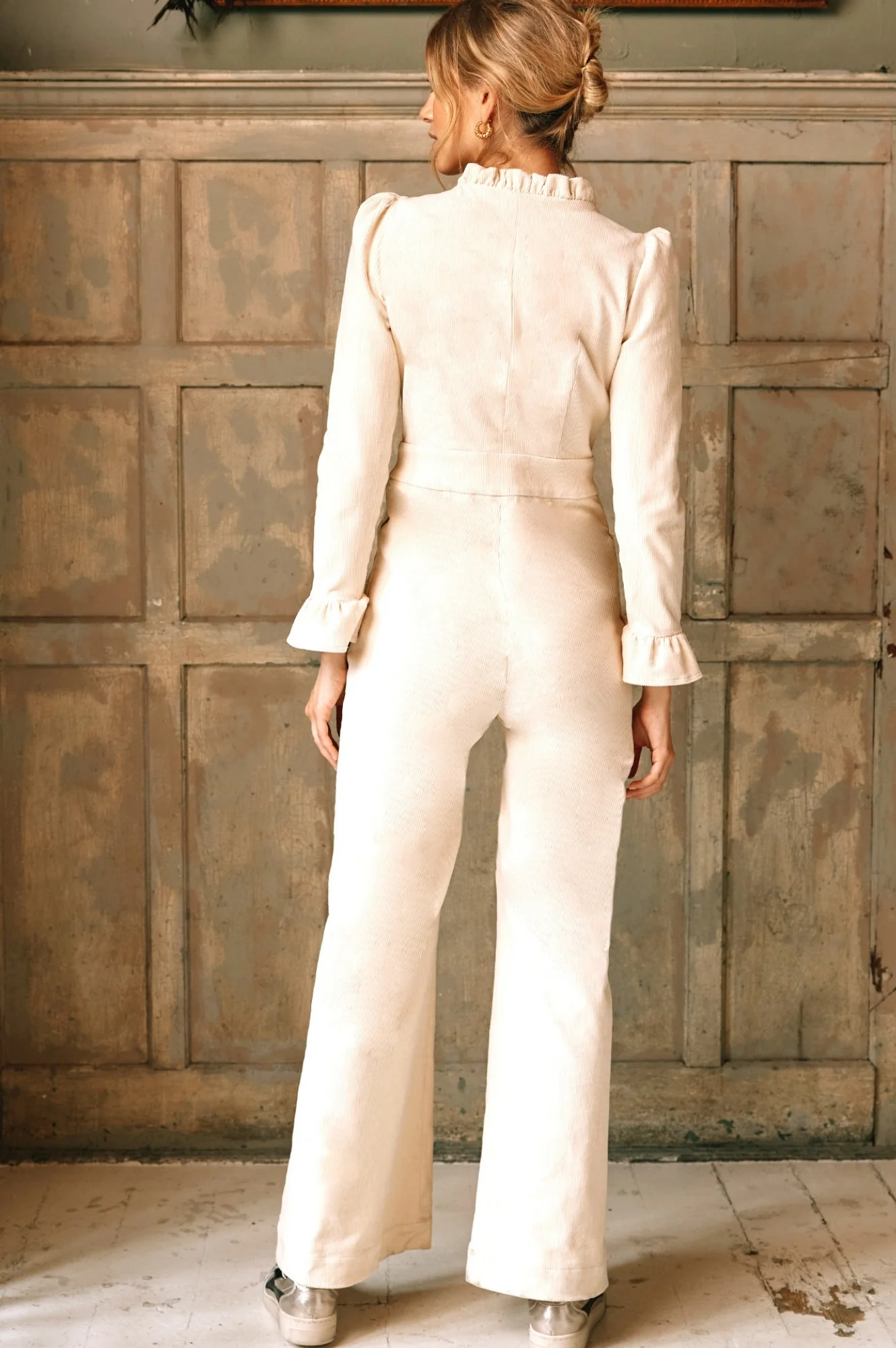 Zip Front Stretch Corduroy Jumpsuit | Cream