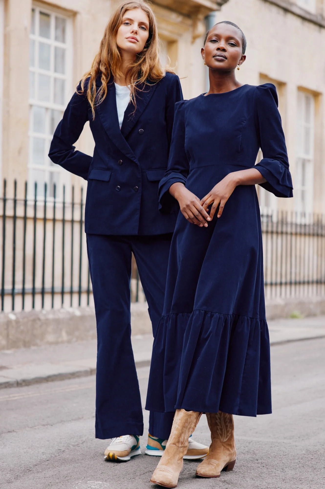 Victoria Round Neck 3/4 Sleeve Stretch Corduroy Dress | Atlantic Blue