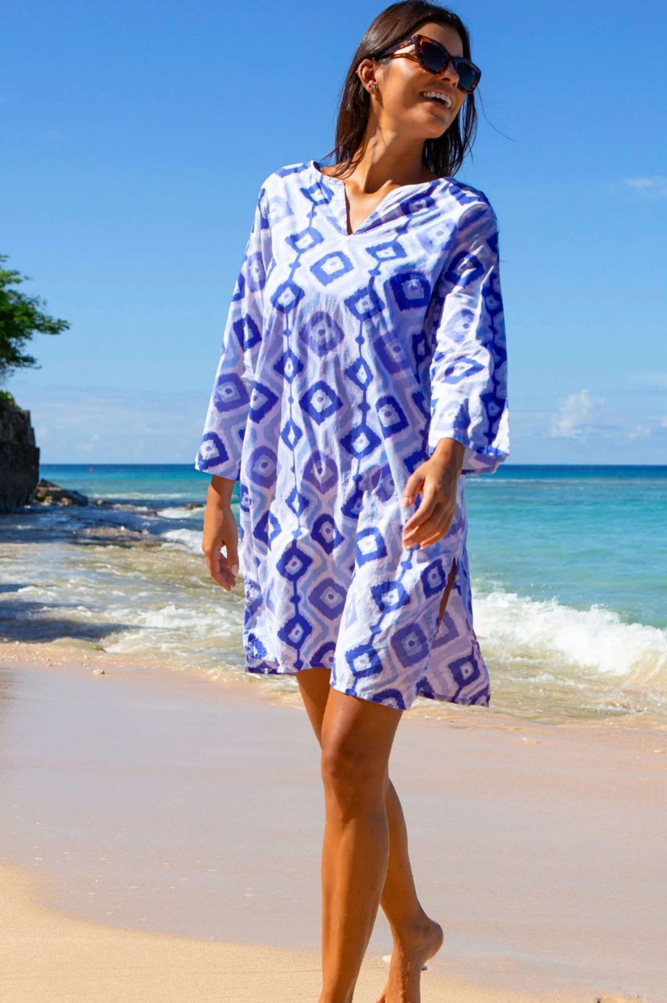 Guadalupe Organic Cotton Short Tunic | Diamond Ikat Blue/White