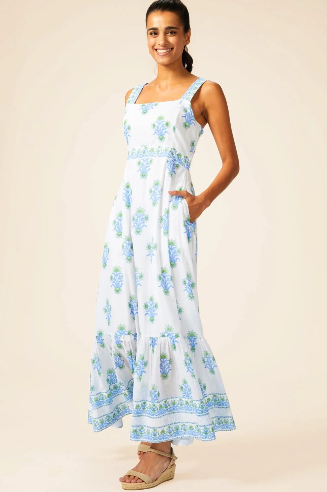 Aurelia Block Print Dress | White/Blue