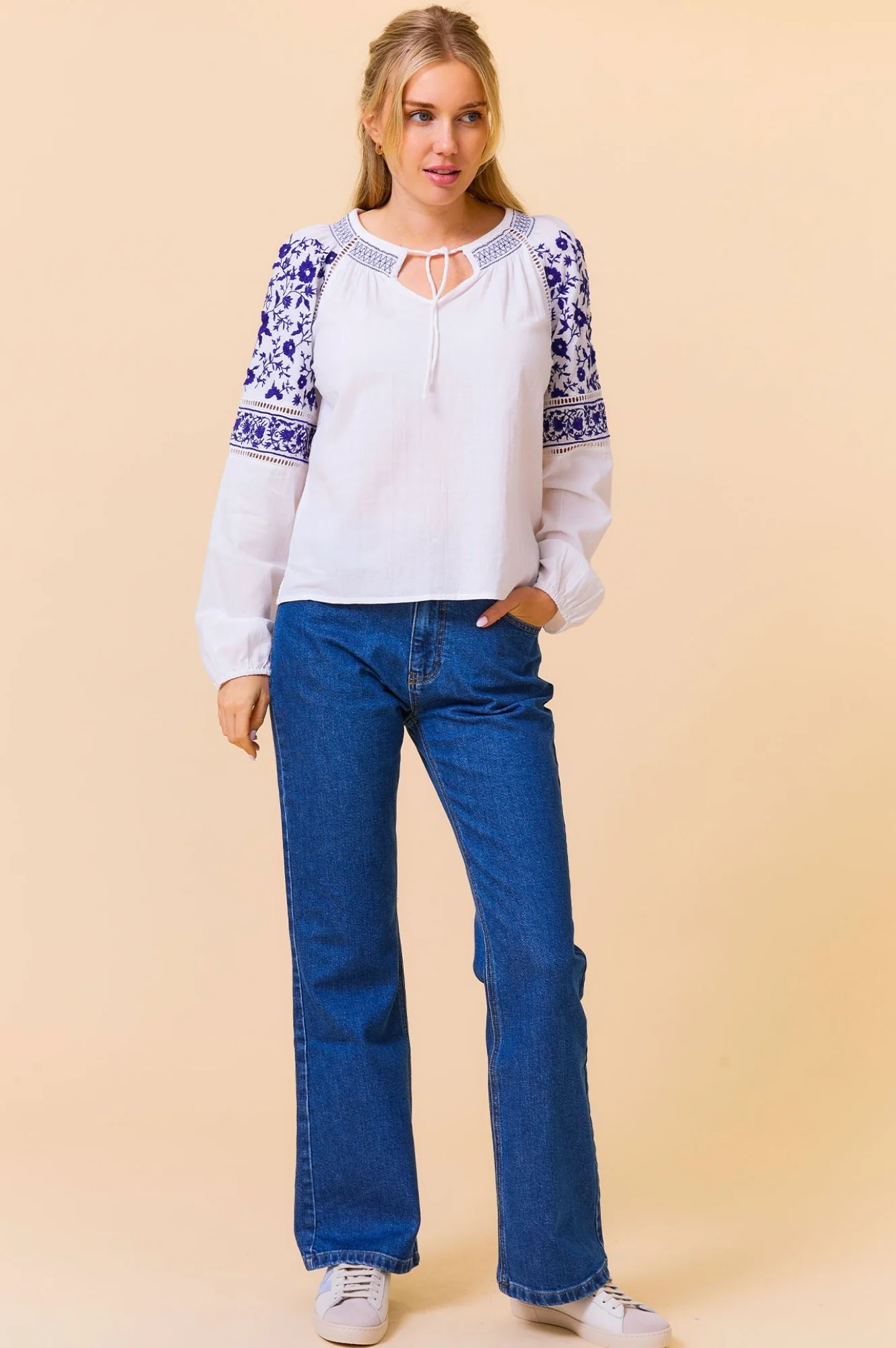 Ida Embroidered Cotton Top | White/Cobalt