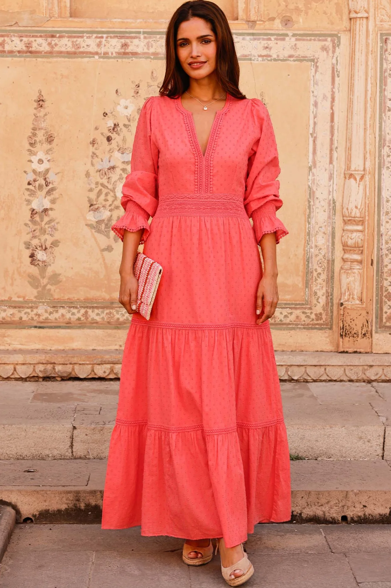 Purdie Organic Cotton Dobby Dress | Coral