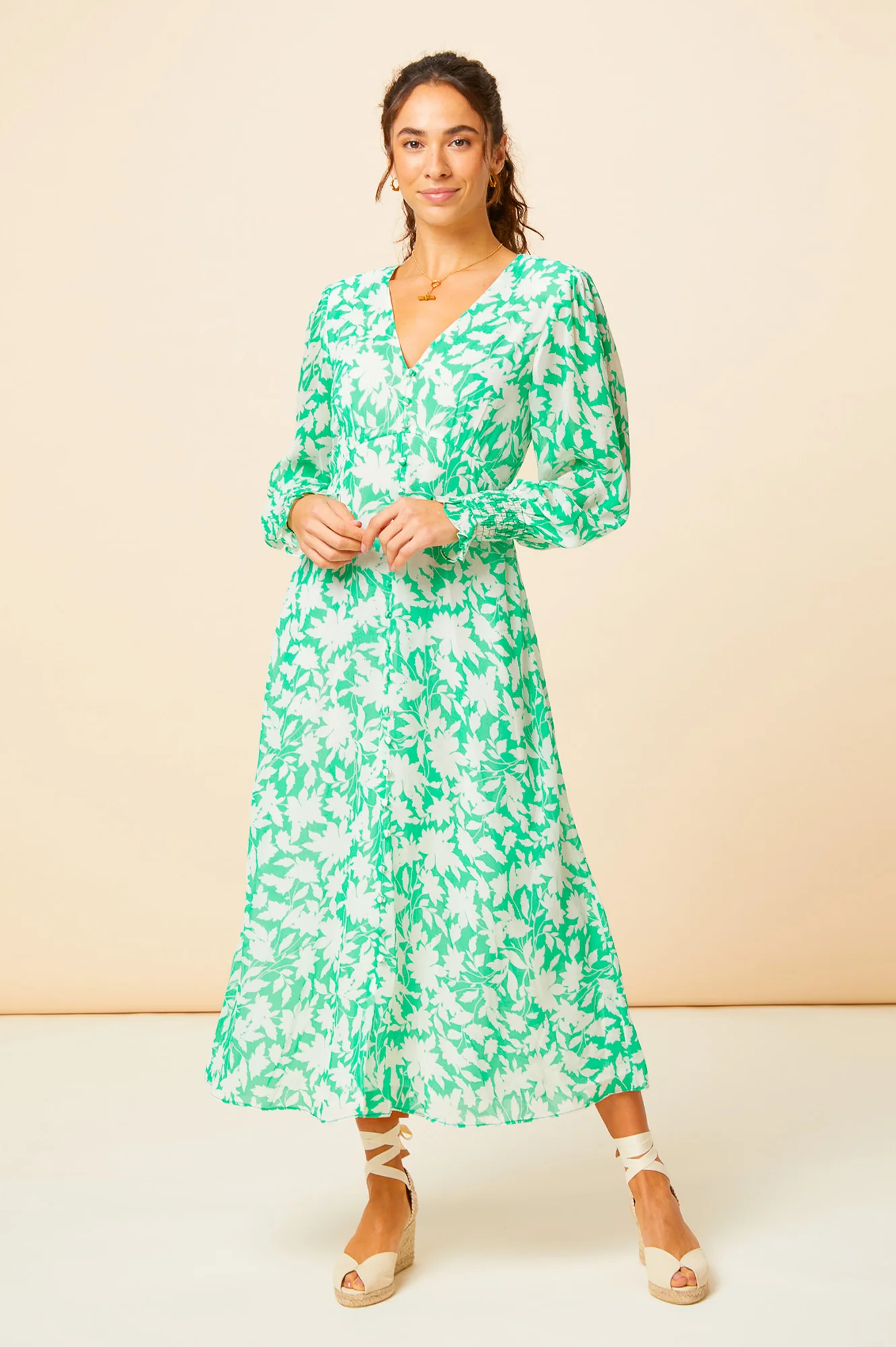 Long Sleeve Sally Anne Dress | Green/Ivory