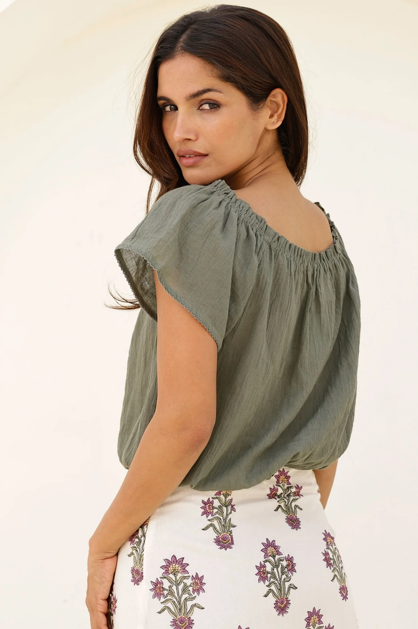 Ilana Frill Organic Cotton Gauze Top | Light Khaki