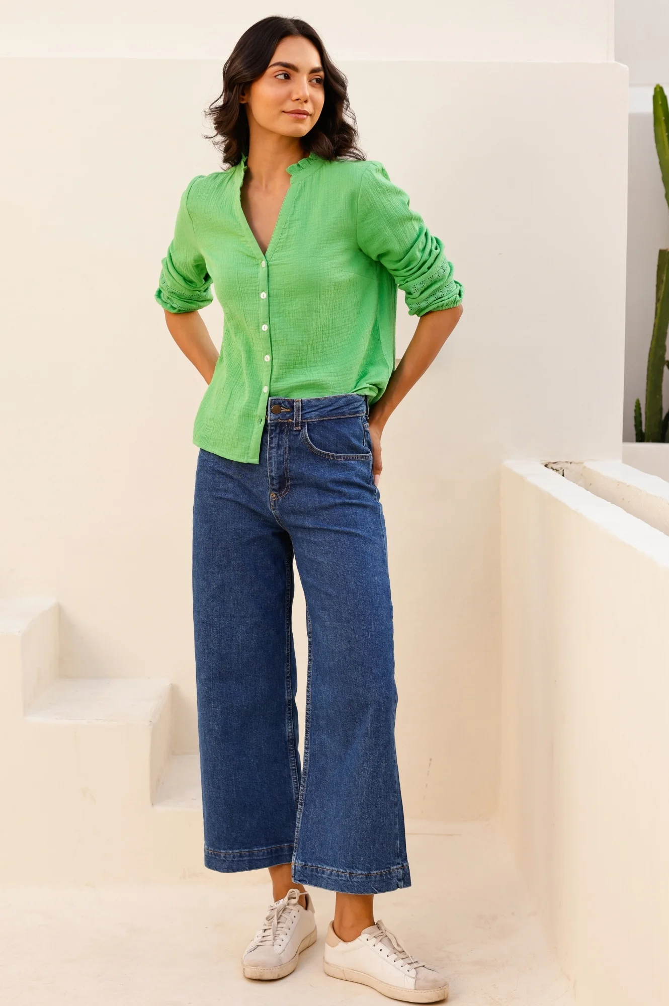 Mina Organic Cotton Cheesecloth Blouse | Green