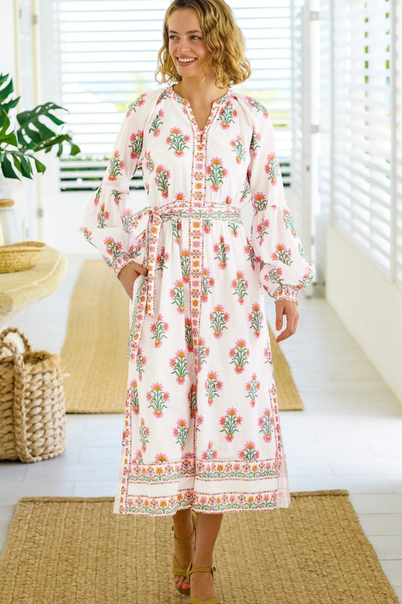 Cara Block Print Dress | White/Pink