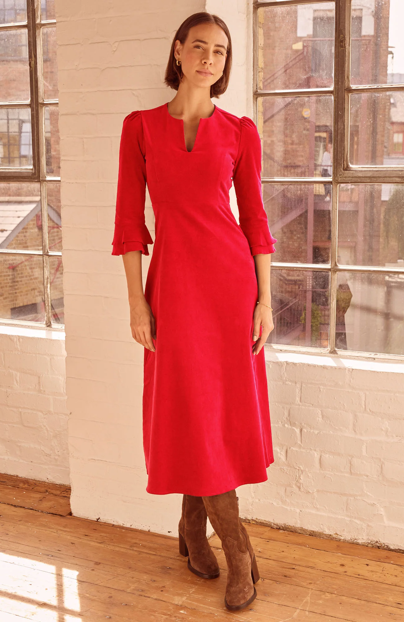 Jocelyn V-Neck 3/4 Sleeve Stretch Corduroy Dress | Red