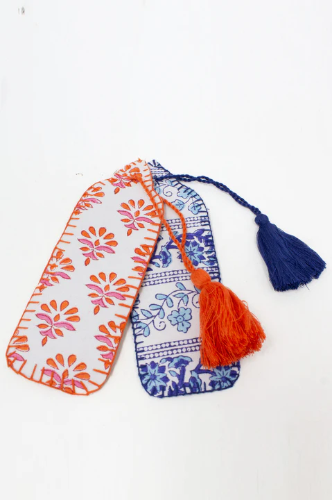 Block Printed Organic Cotton Quilted Bookmark | Linear Botanical Blue