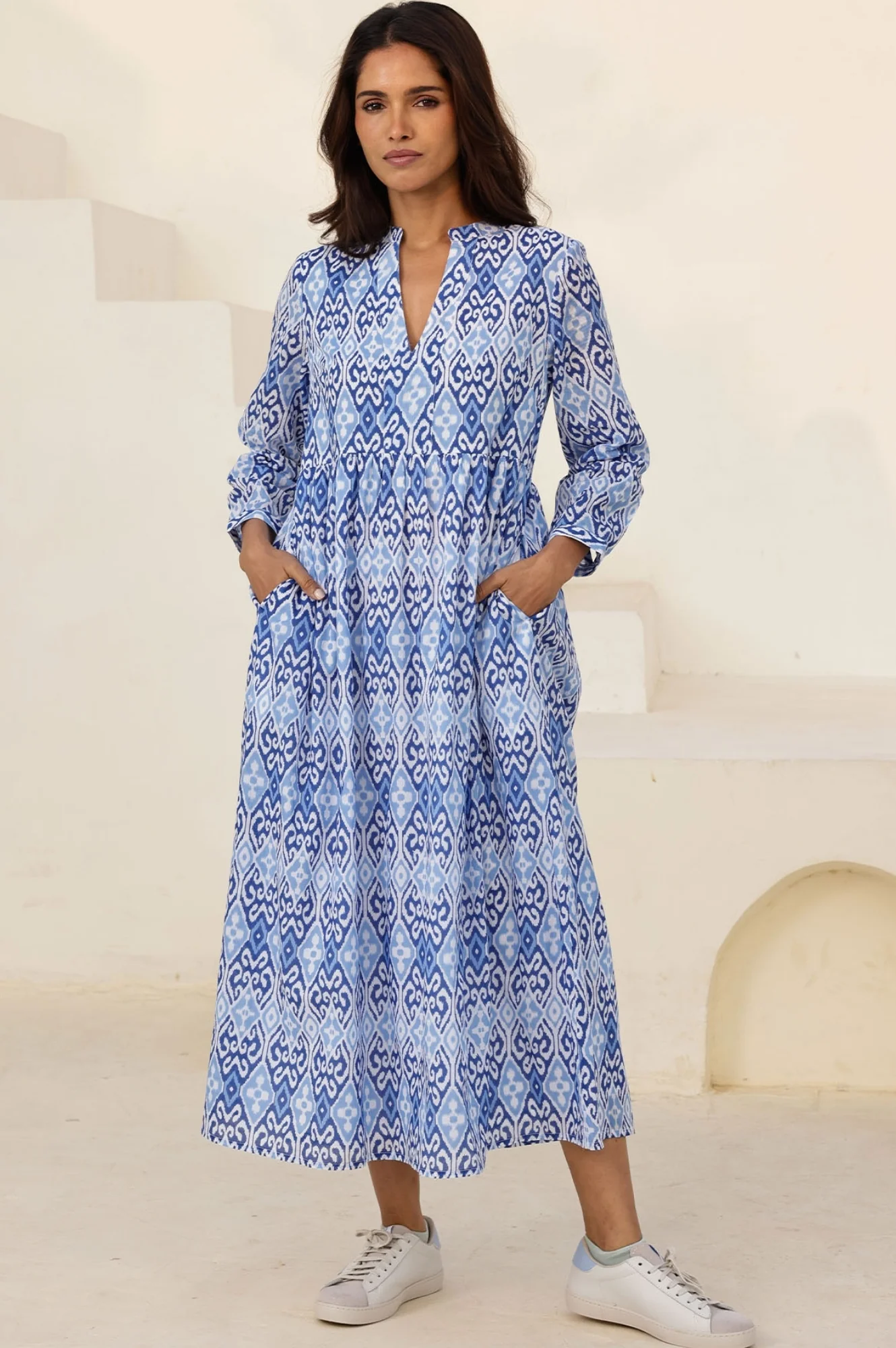 Mara Organic Cotton Dress | Mara Ikat White/Blue