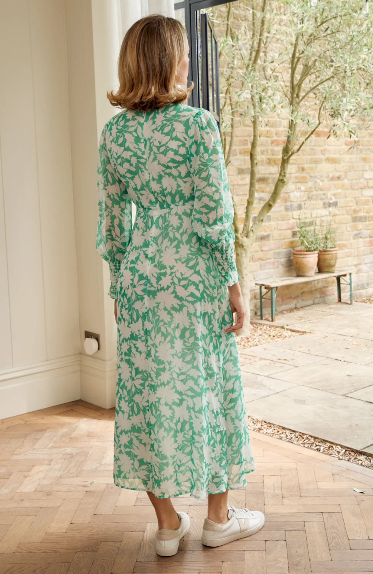 Long Sleeve Sally Anne Dress | Clematis Vines Green/Ivory
