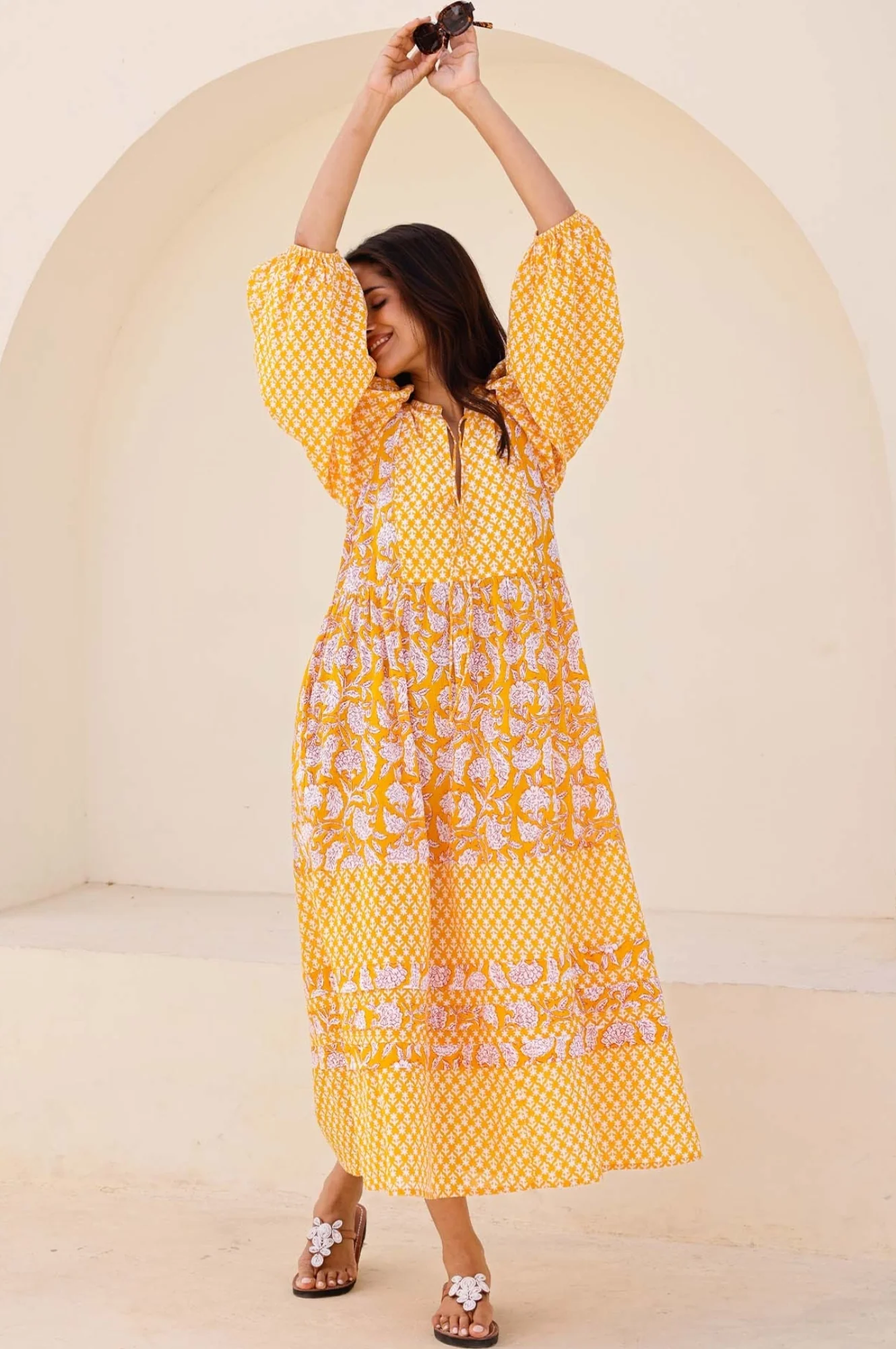 Martha Organic Cotton Mix Print Dress | Dianthus Print Yellow/White