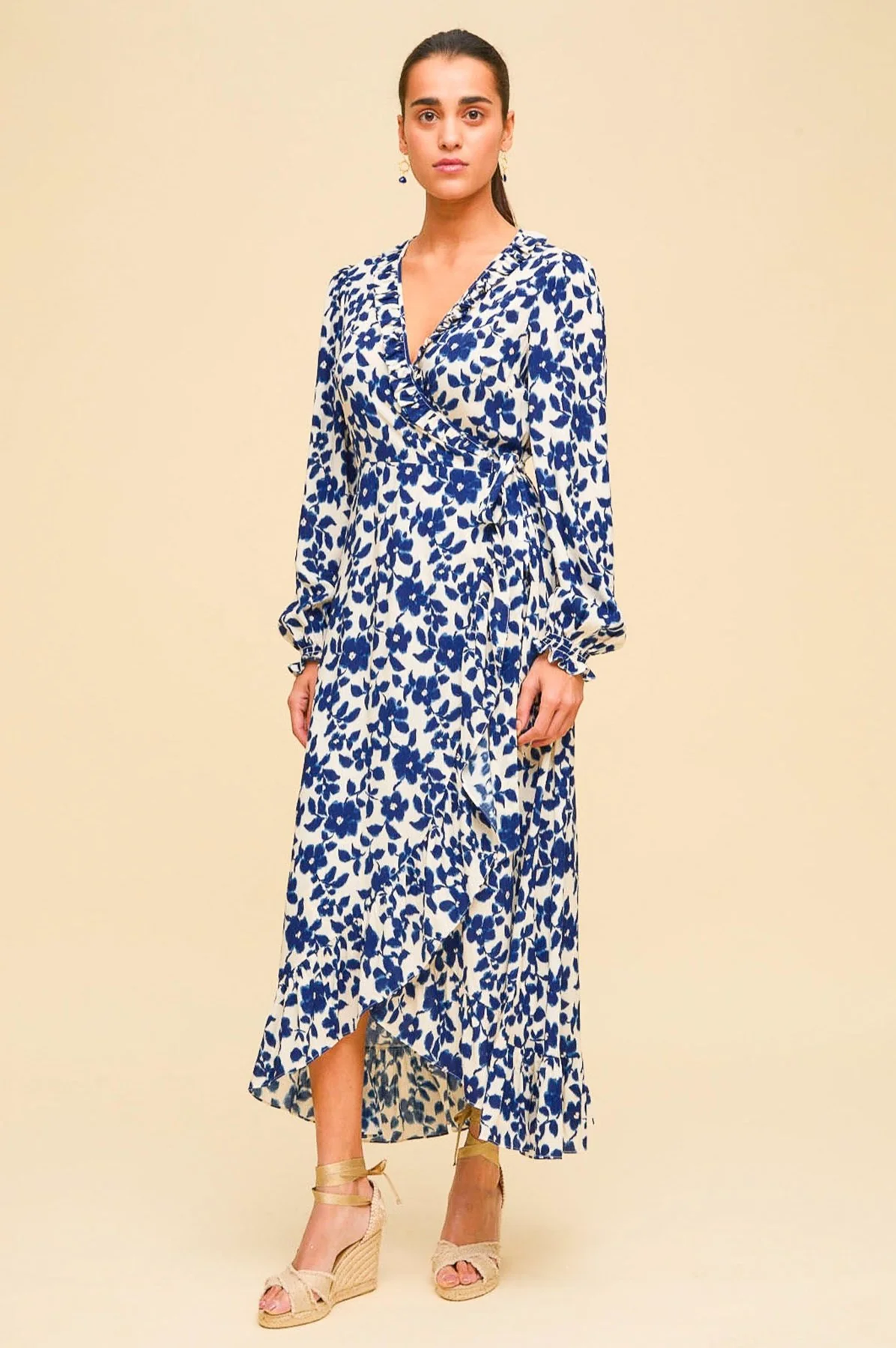 Demi Long Sleeve EcoVero Wrap Dress | Blossom Cream/Navy