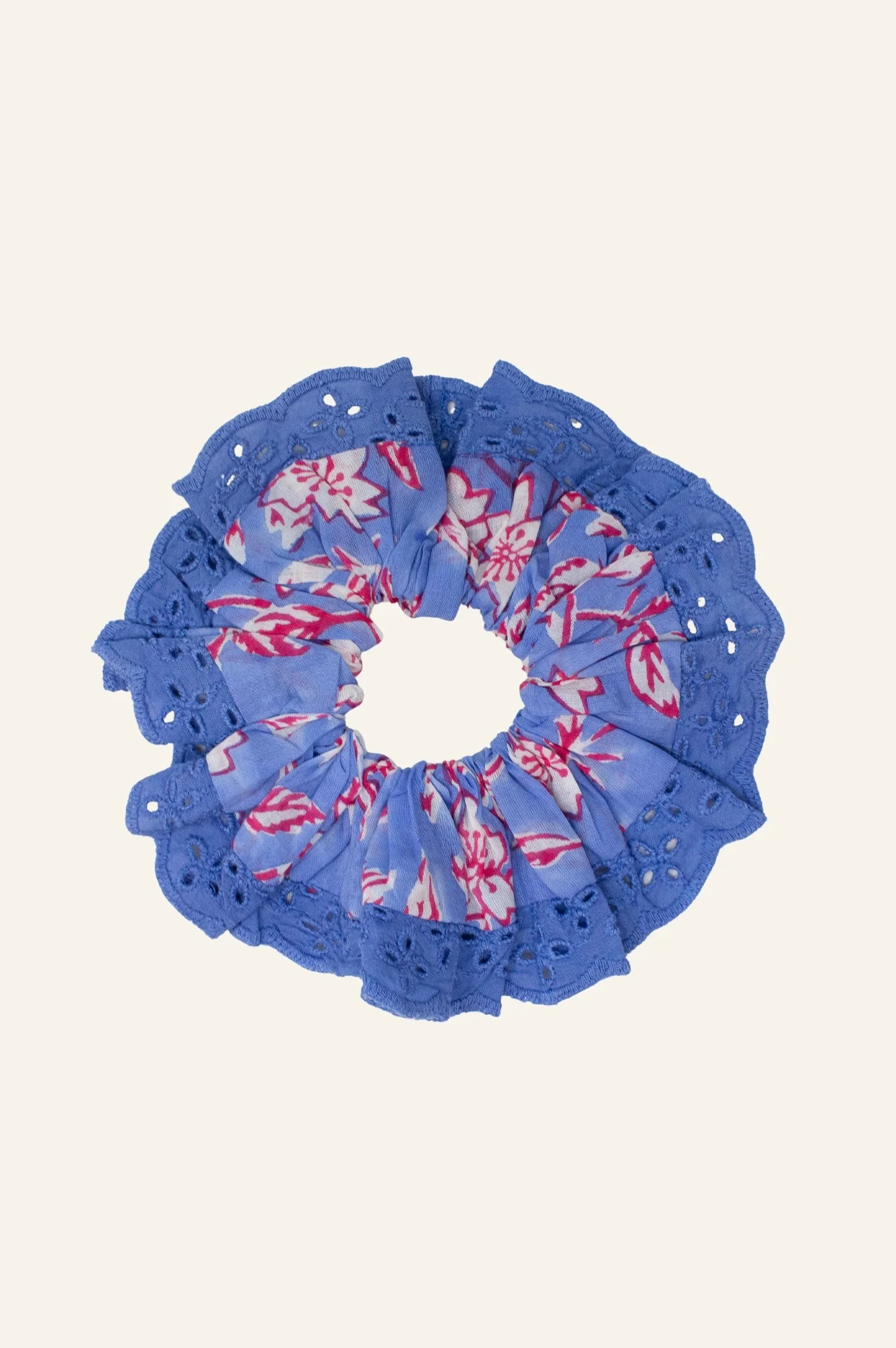 Block Print Lace Trim Scrunchie | Japanese Flower Marina Blue